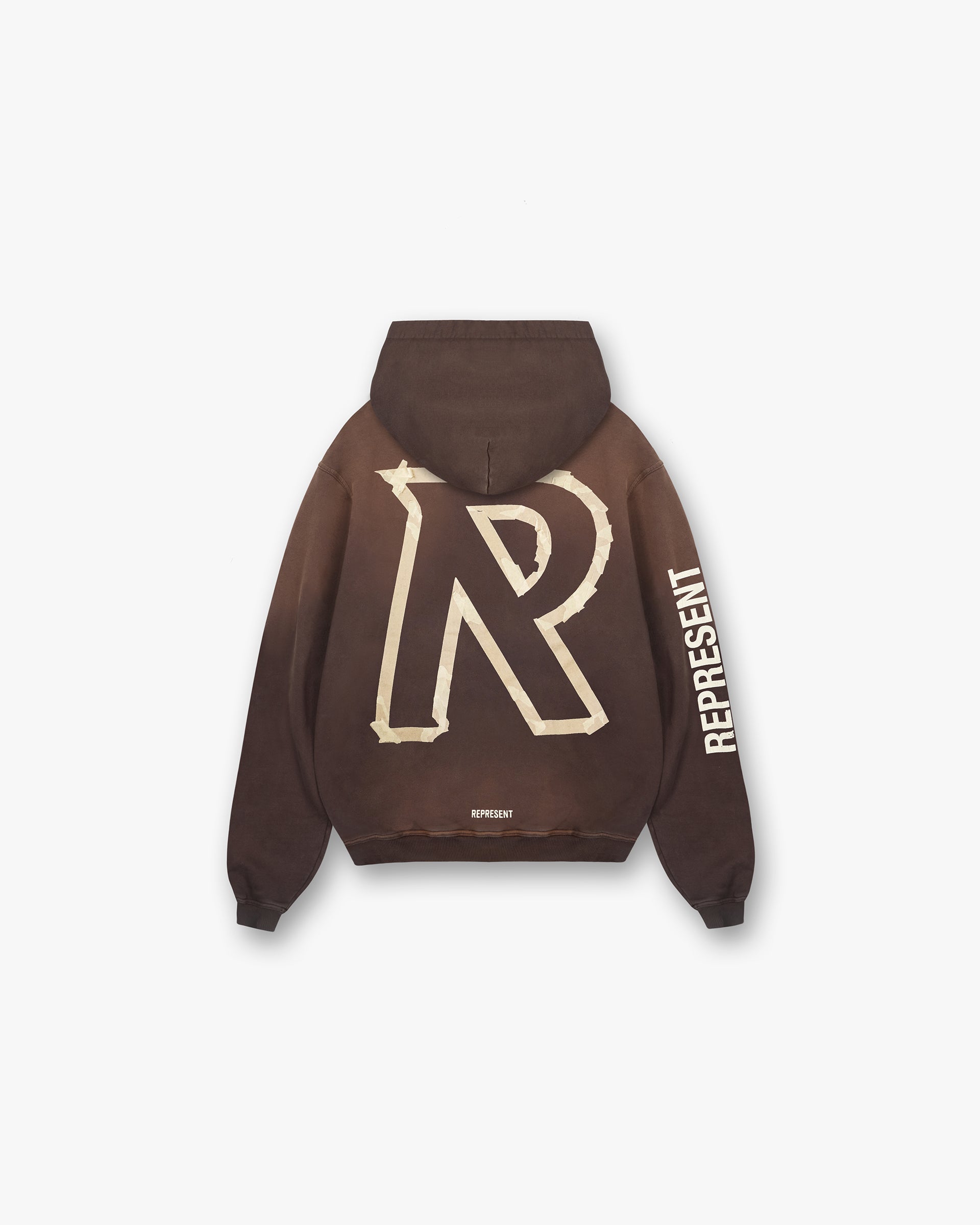 Back product image of a mens green hoodie on a plain white background | Masking Tape Initial Hoodie in Cedar | Hoodie with 3D masking tape effect initial and cracked print | FW24 Hoodies | Represent Clo
