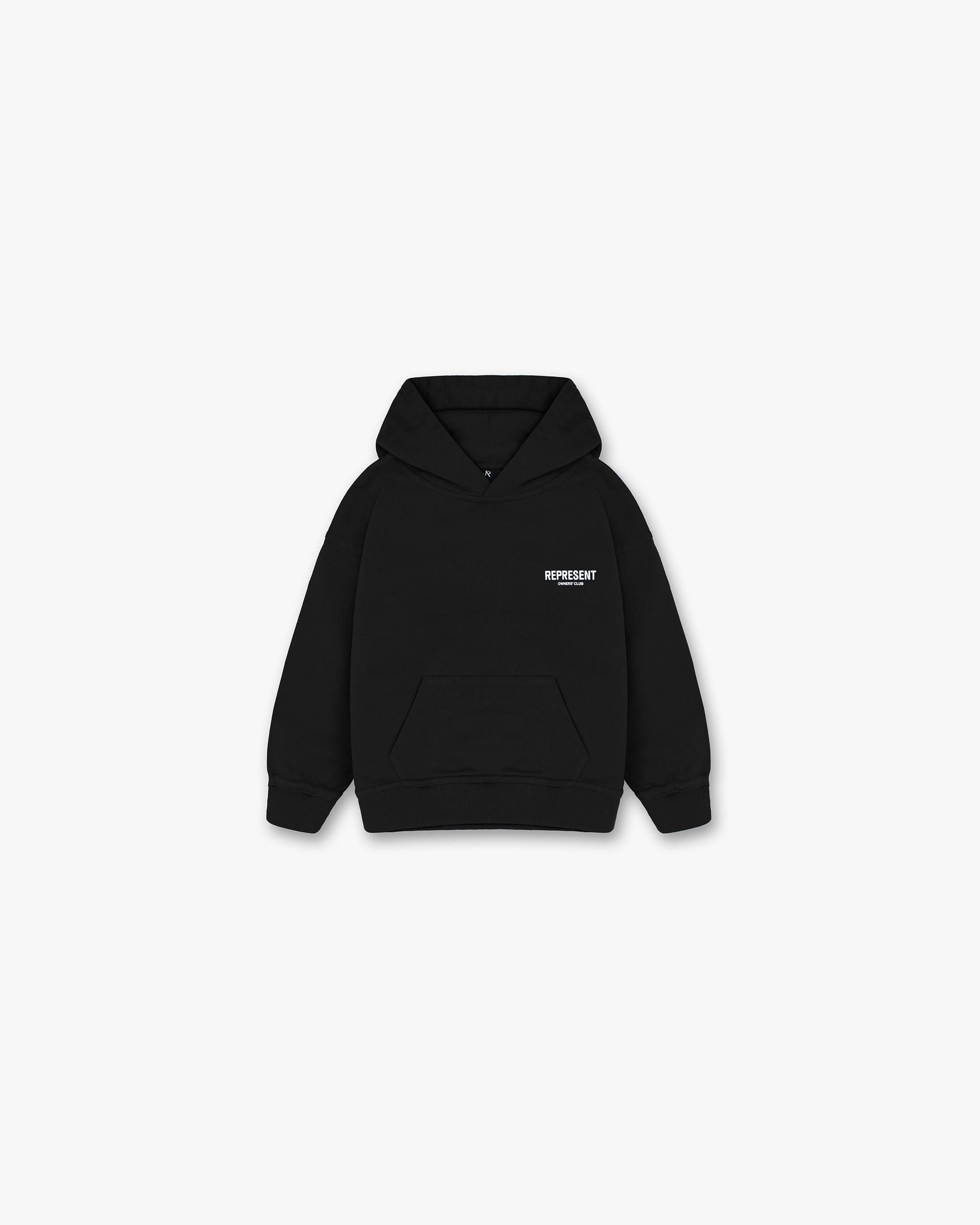 Back product image of a kids black hoodie on a plain white background | Represent Mini Owners Club Hoodie in Black | Slightly oversized hoodie with screen printed graphic | Owners Club Hoodies | Represent Clo
