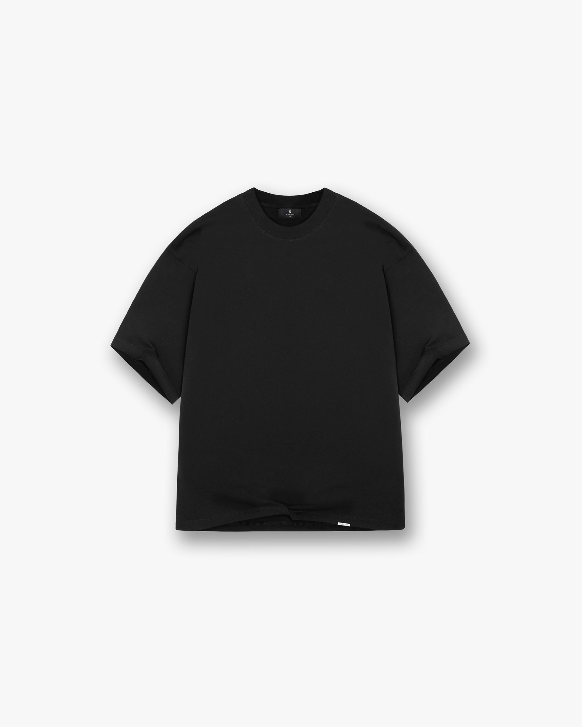 Front product image of a mens black t-shirt on a plain white background | Initial Boxy T-Shirt in Black | Oversized boxy t-shirt with embroidered initial and metal bar logo | Initial T-Shirts | Represent Clo