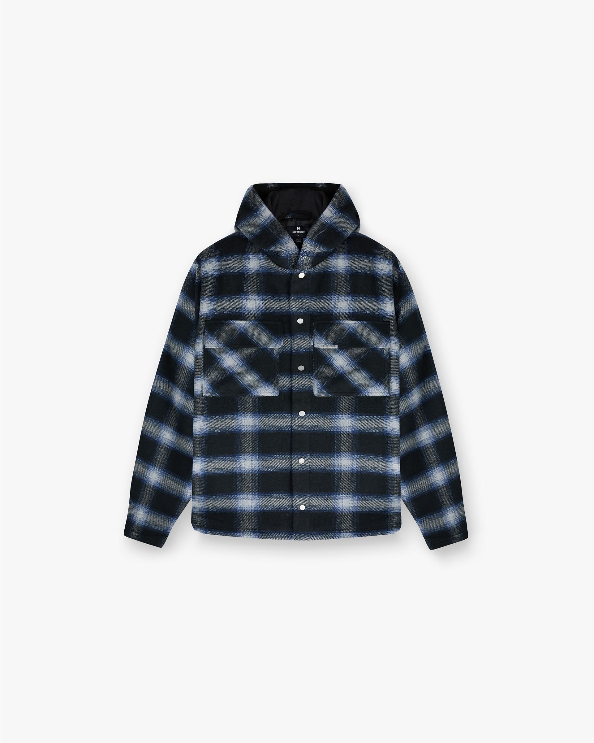 Front product image of a mens navy hooded overshirt on a plain white background | Hooded Overshirt in Midnight Navy | Overshirt with front zip closure | FW24 Shirts | Represent Clo