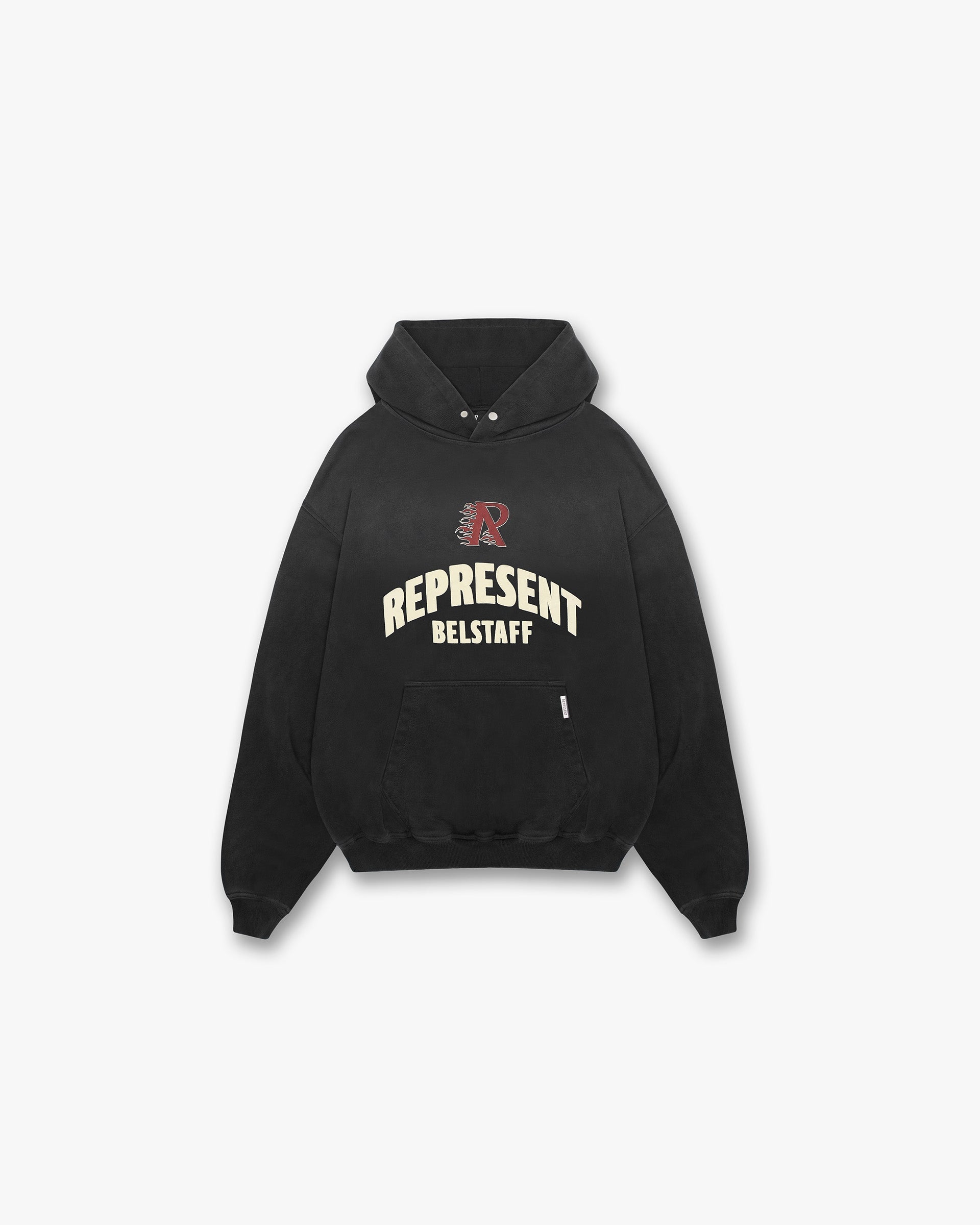 Front product image of a mens grey hoodie on a plain white background | Represent X Belstaff Flame Phoenix Hoodie in Shadow | Hoodie with flame phoenix graphic | Exclusives Hoodies | Represent Clo