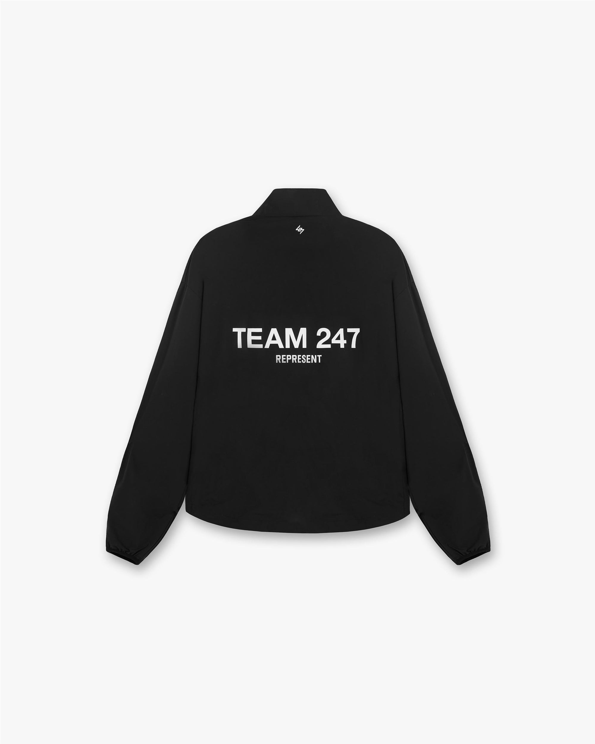 Back product image of a mens black track jacket on a plain white background | Team 247 Track Jacket in Black | Track jacket with oversized fit and storm flap | 247 Outerwear | Represent Clo