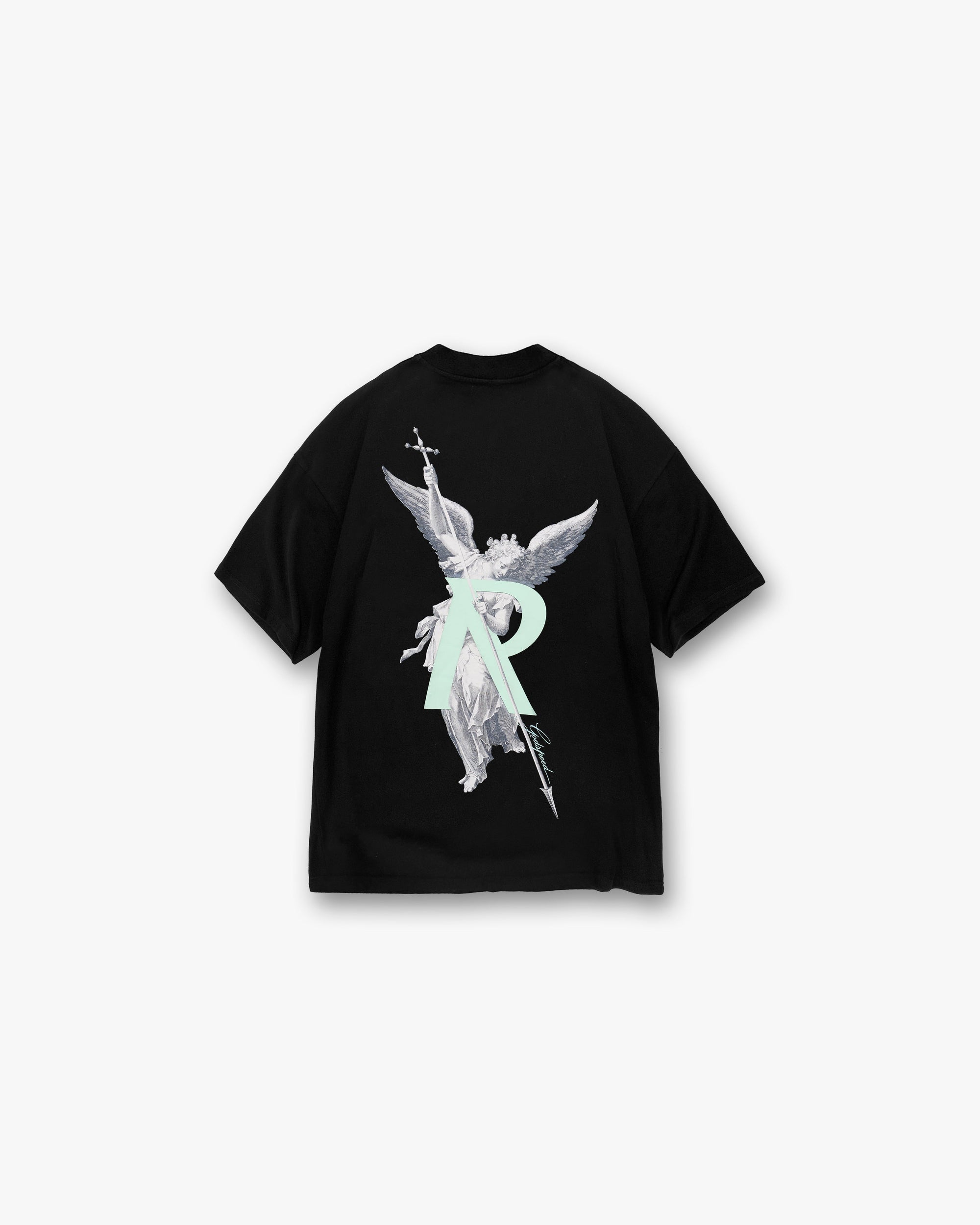 Back product image of a mens black t-shirt on a plain white background | Archangel Initial T-Shirt in Jet Black | T-shirt with high-density graphic and metal bar logo | Exclusives T-Shirts | Represent Clo