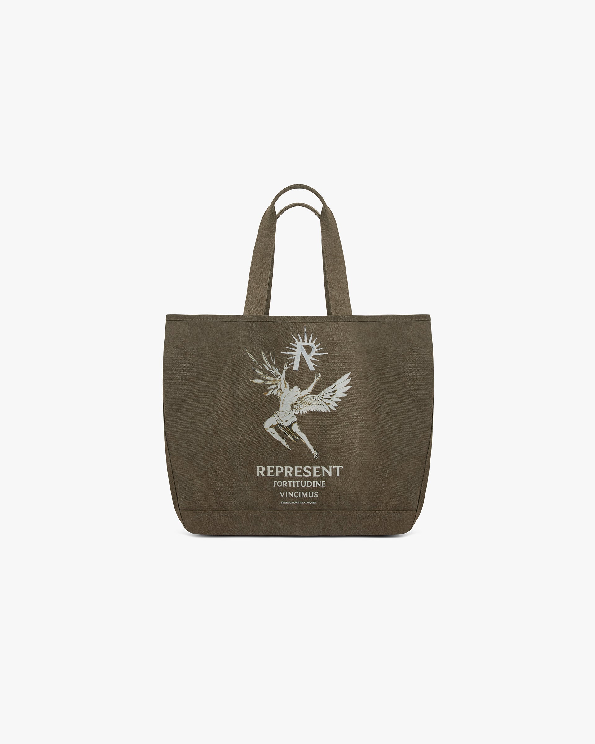 Front product image of a taupe tote bag on a plain white background | Icarus Tote Bag in Taupe | Versatile tote bag with ample storage | SS24 Accessories | Represent Clo