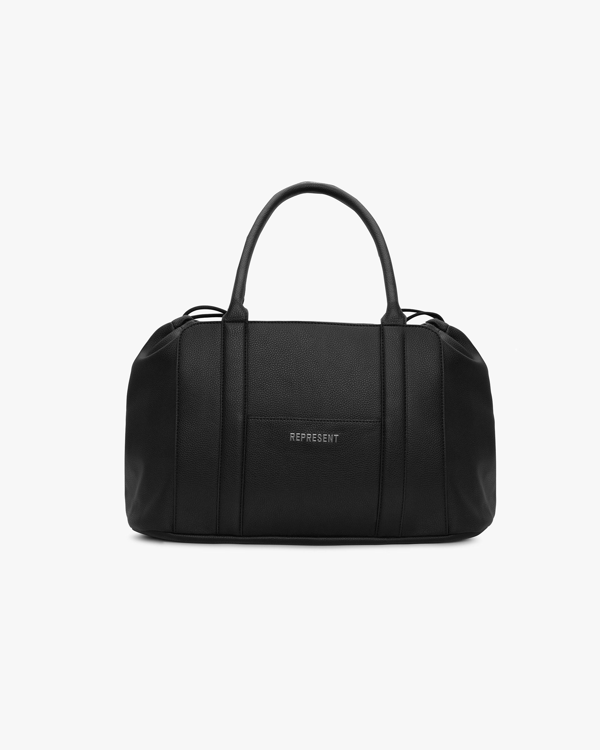 Front product image of a mens black holdall on a plain white background | Faux Leather Holdall in Jet Black | Premium faux leather holdall with ample storage | SS25 Accessories | Represent Clo