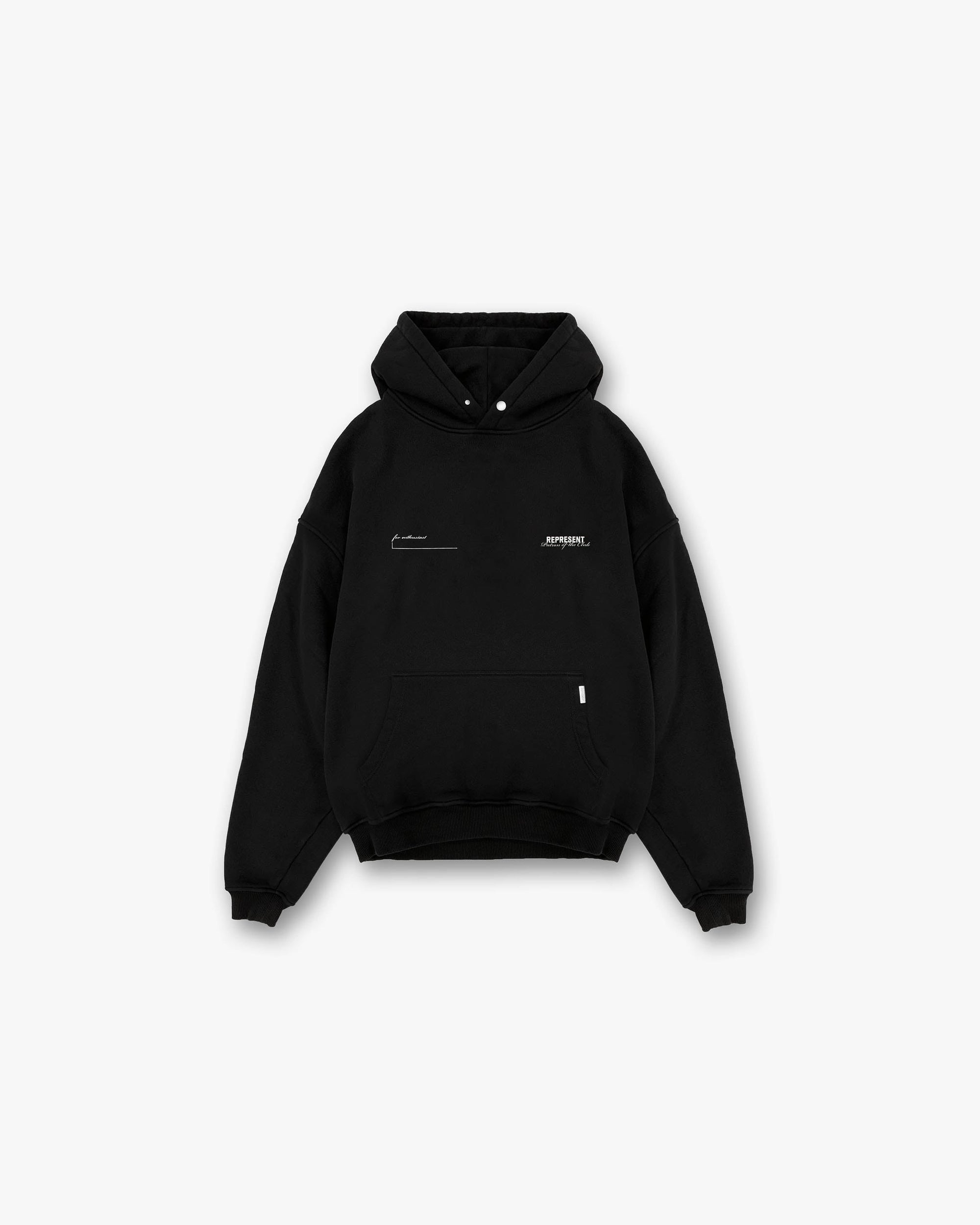 Front product image of a mens black hoodie on a plain white background | Patron Of The Club Hoodie in Black | Hoodie with Represent branding | Patrons Hoodies | Represent Clo
