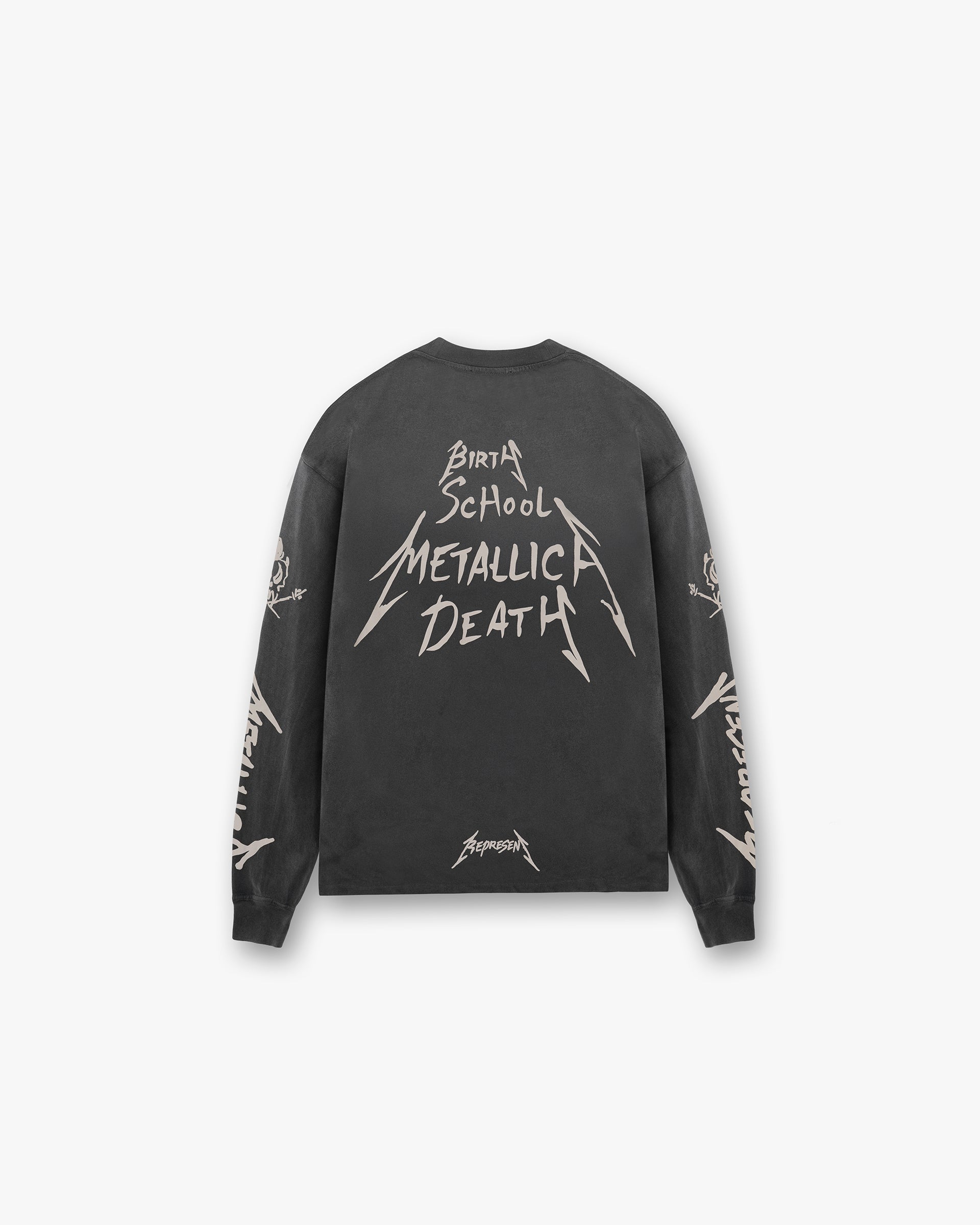 Back product image of a mens black long sleeve t-shirt on a plain white background | Represent X Metallica Garage Inc Long Sleeve T-Shirt in Stained Black | Slub fabric with vintage inspired graphics | SS24 T-Shirts | Represent Clo