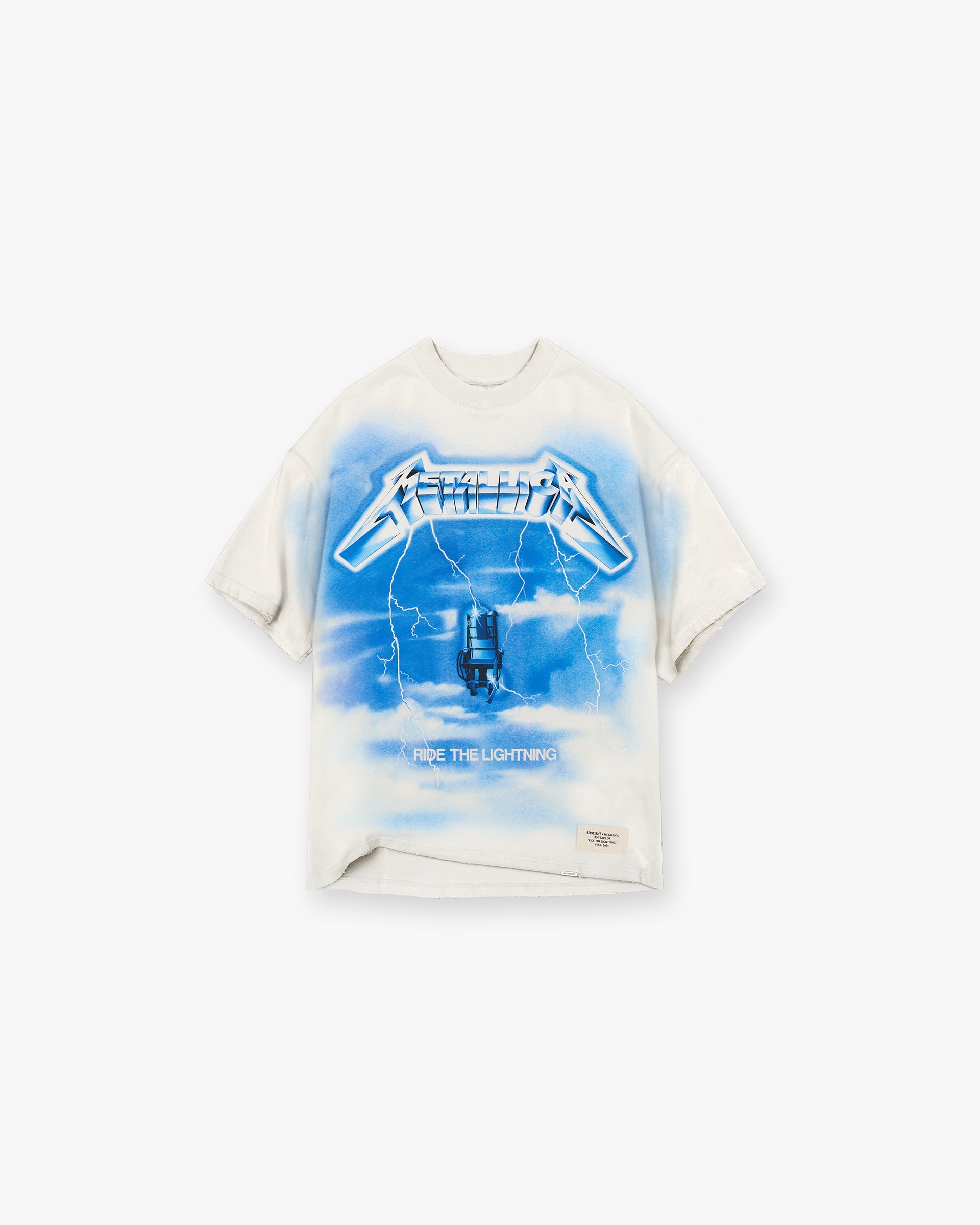 Front product image of a mens white t-shirt on a plain white background | Represent X Metallica Ride The Lightning T-Shirt in Flat White | Collaboration graphic t-shirt | SS24 T-Shirts | Represent Clo