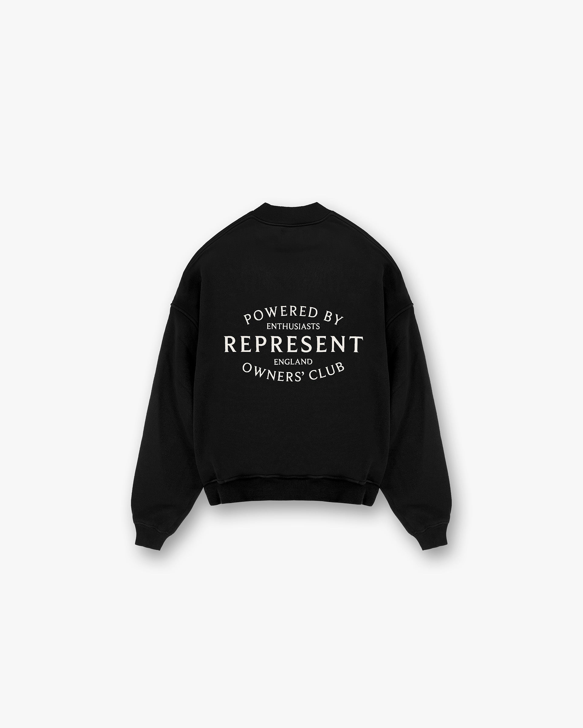 Front product image of a mens black sweater on a plain white background | Represent Owners Club Stamp Sweater in Jet Black | Oversized sweater with embroidered Initial and metal bar | Owners Club Sweaters | Represent Clo