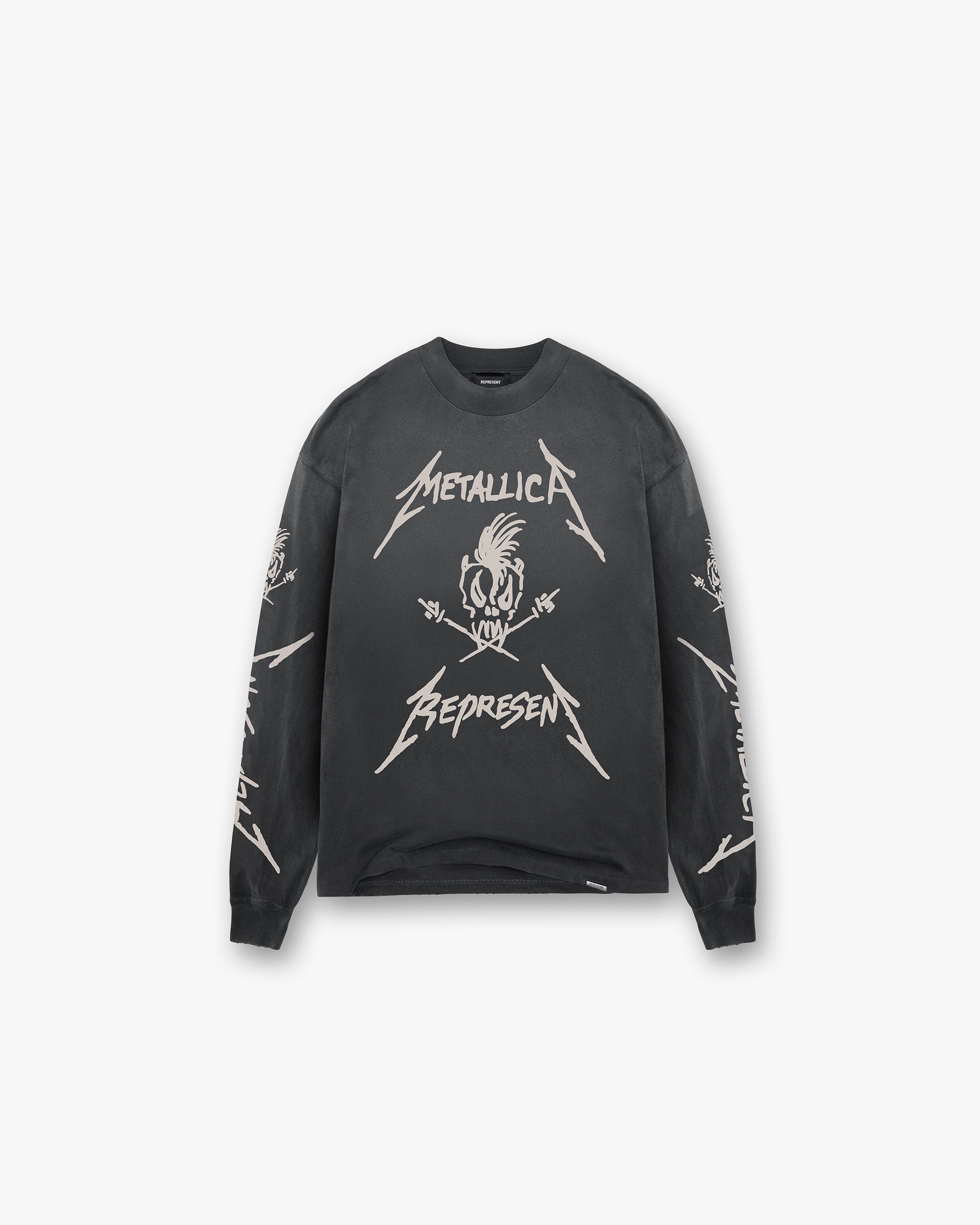 Front product image of a mens black long sleeve t-shirt on a plain white background | Represent X Metallica Garage Inc Long Sleeve T-Shirt in Stained Black | Long sleeve t-shirt | SS24 T-Shirts | Represent Clo