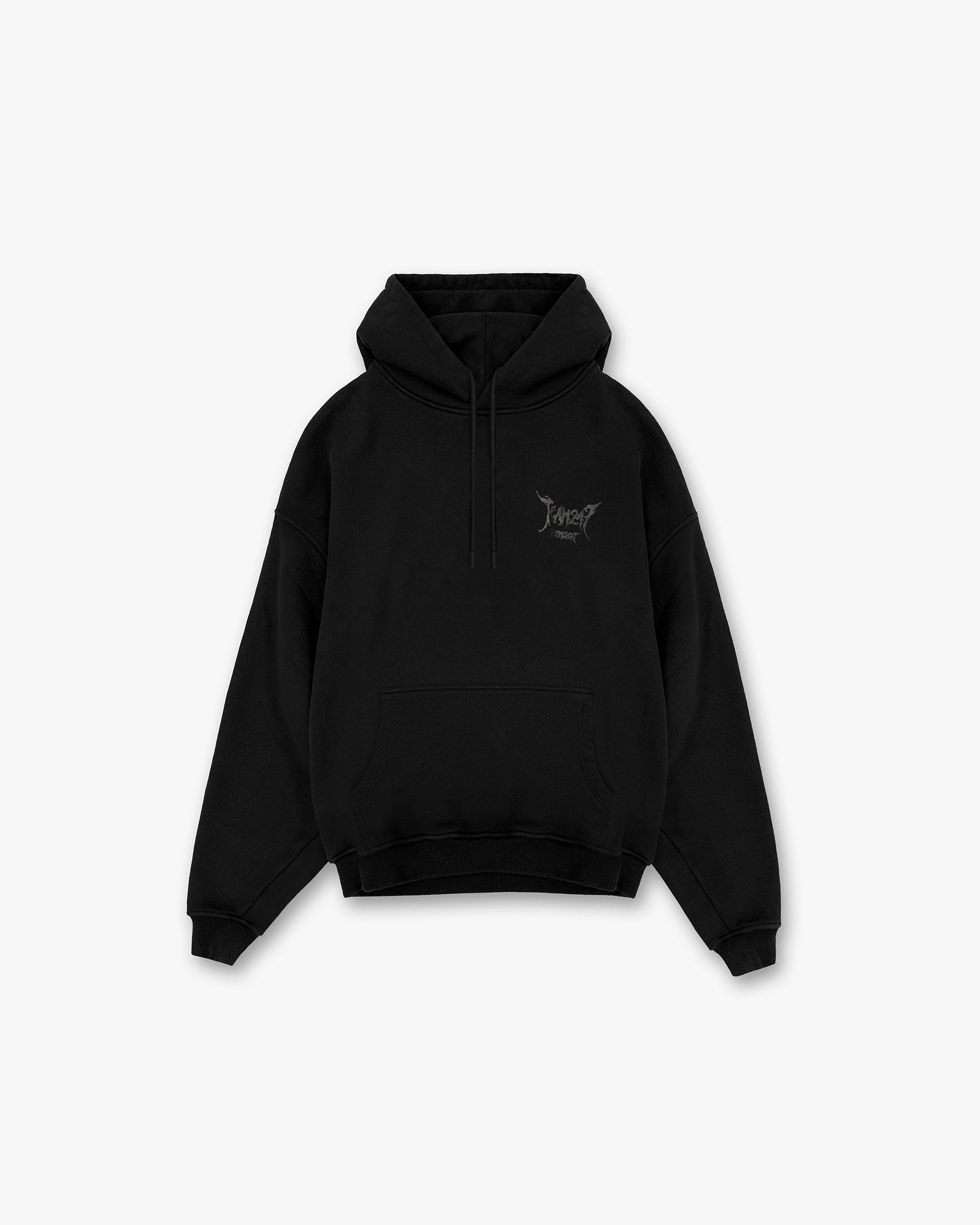 Front product image of a mens black hoodie on a plain white background | Team 247 X END Oversized Hoodie in Jet Black | Oversized hoodie with forest print | 247 Hoodies | Represent Clo