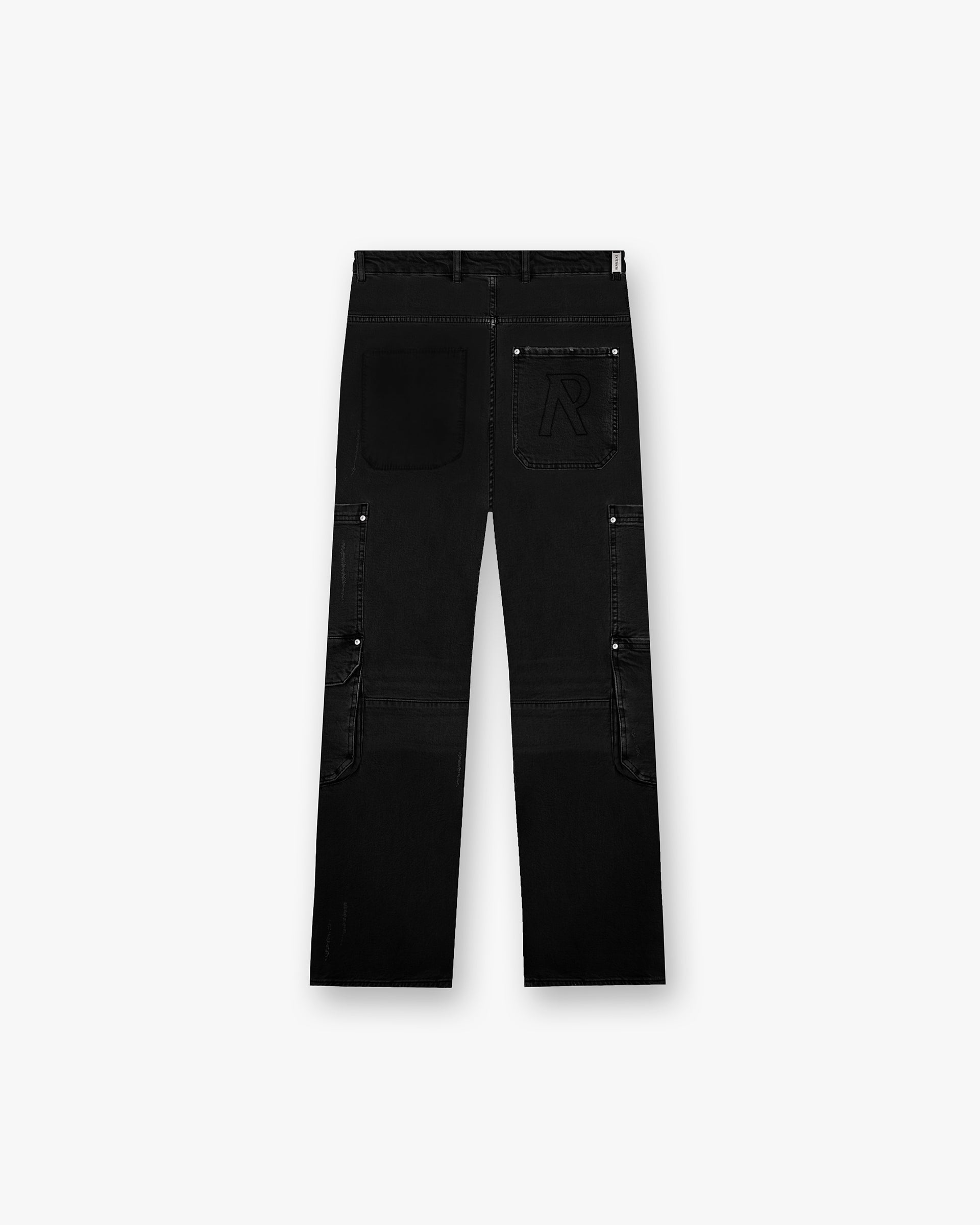 Back product image of mens black denim on a plain white background | R3 Workshop Denim in Black | Baggy fit jeans with removed back pocket | FW24 Denim | Represent Clo