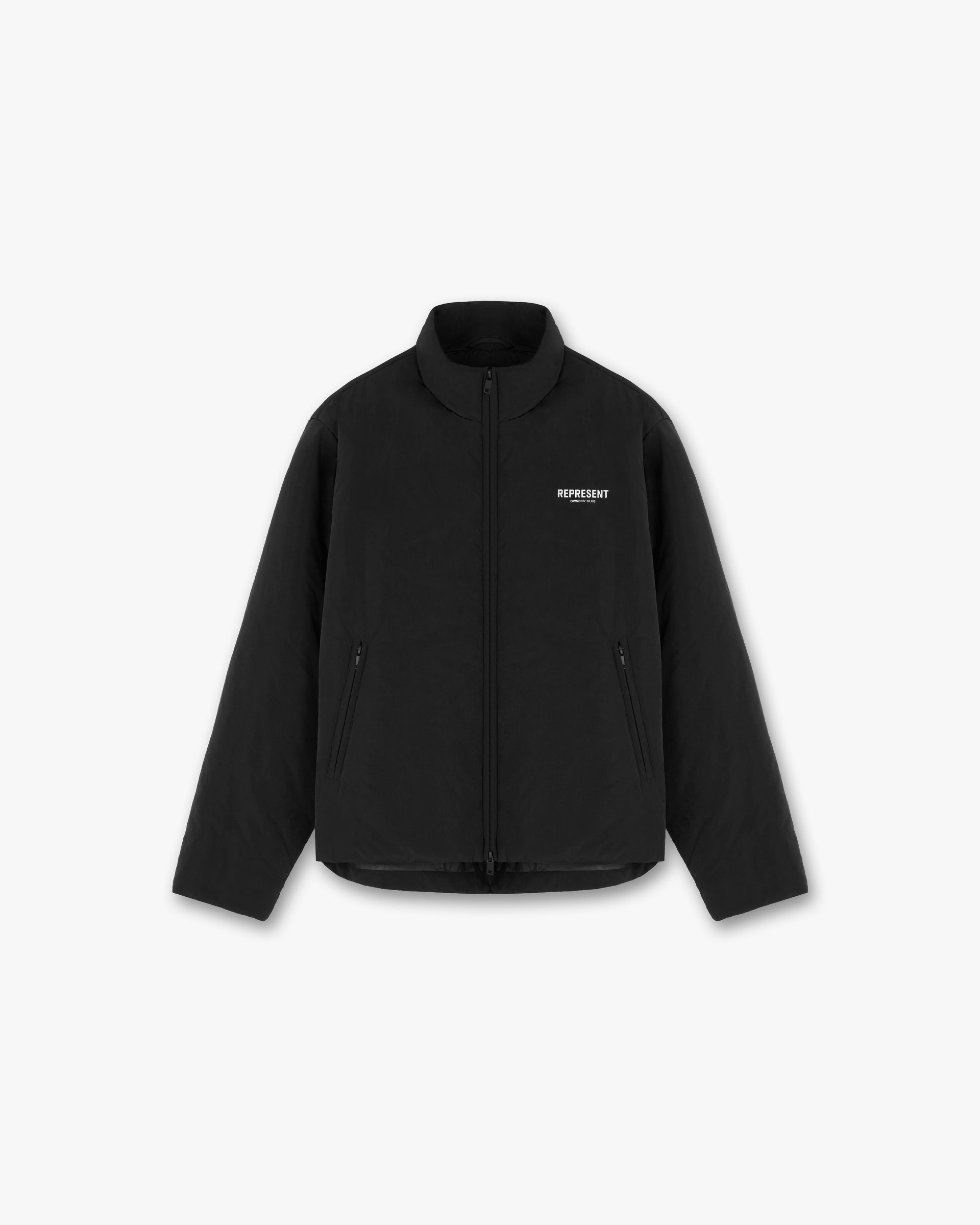 Front product image of a mens black wadded jacket on a plain white background | Represent Owners Club Wadded Jacket in Black | Wadded jacket with luxury fit | Owners Club Outerwear | Represent Clo