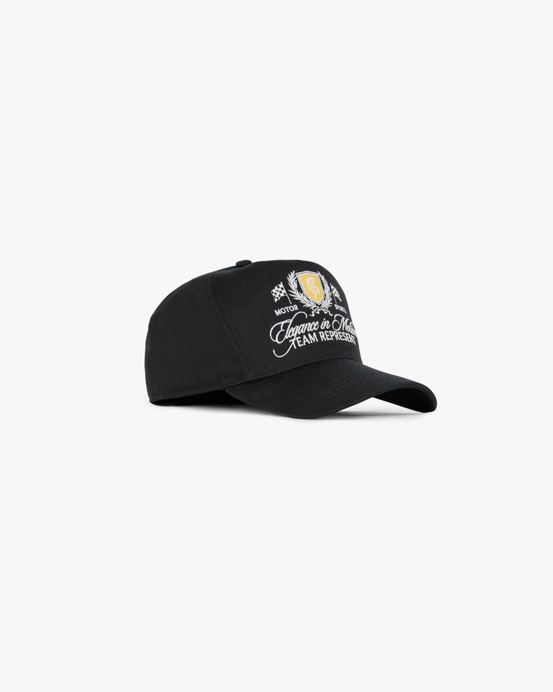 Front product image of a mens black cap on a plain white background | Represent Crest Cap in Jet Black | Structured cap with viscose forest print | SS25 Accessories | Represent Clo