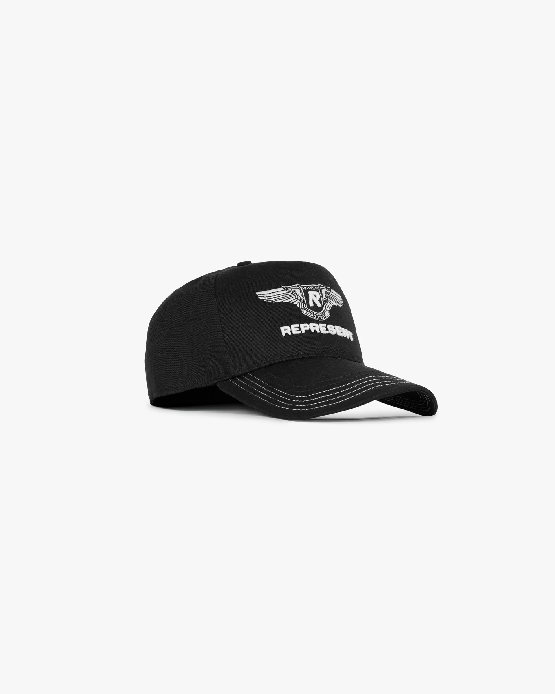 Front product image of a mens black cap on a plain white background | Overdrive Badge Cap in Jet Black | Leather cap | SS25 Accessories | Represent Clo