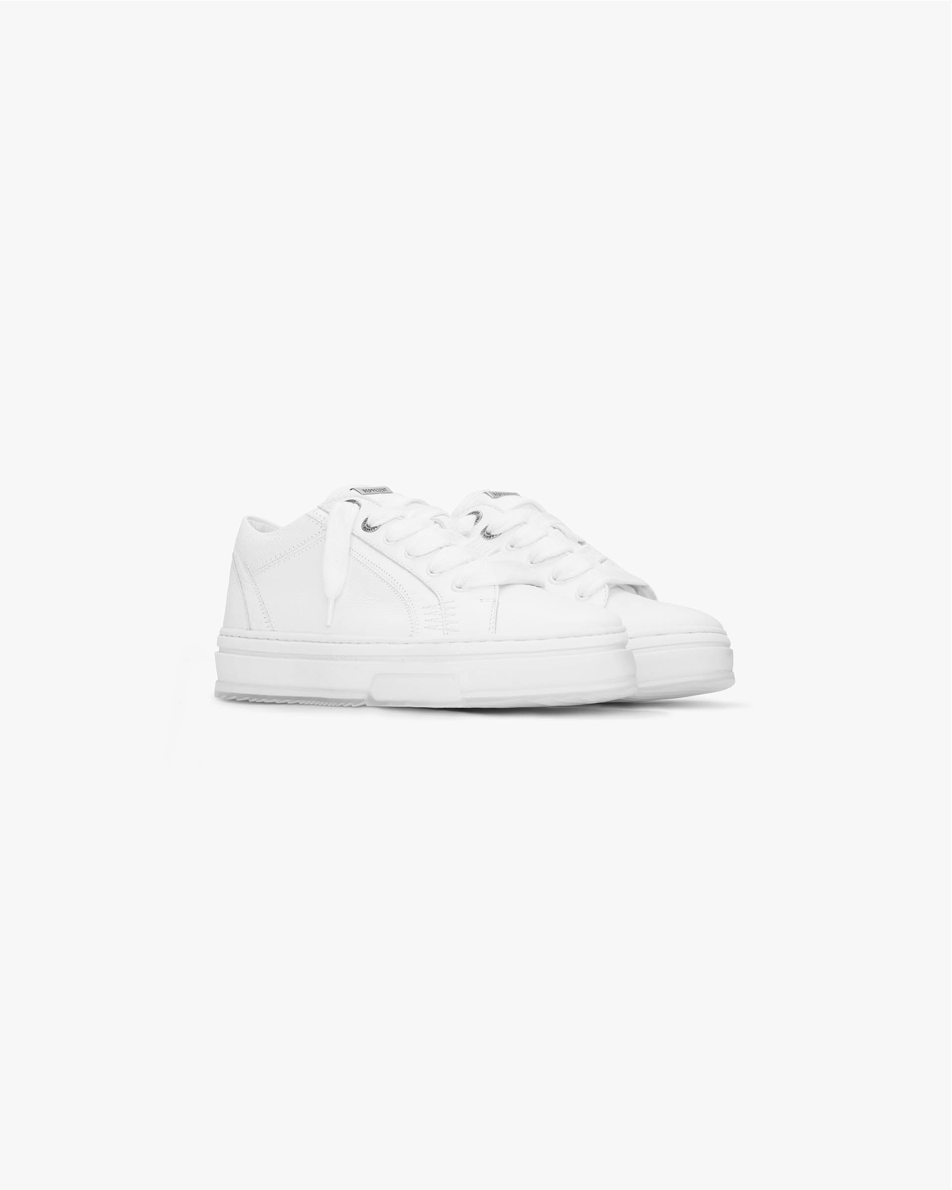 Back product image of mens white sneaker on a plain white background | HTN Low Tumbled Leather in Flat White | Tumbled leather low top sneaker | SS24 Footwear | Represent Clo