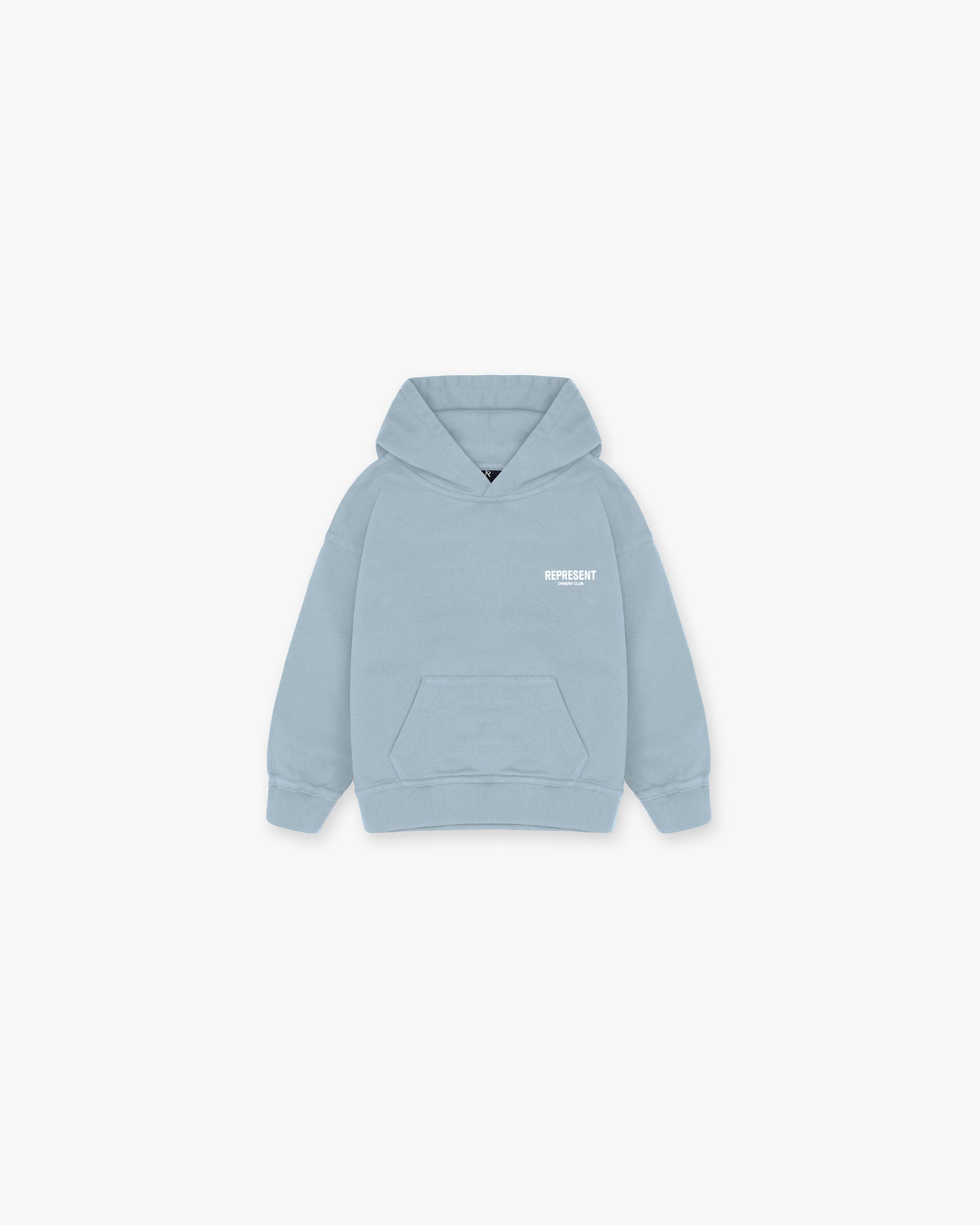 Back product image of a childs blue hoodie on a plain white background | Mini Owners Club Hoodie in Powder Blue | Kids oversized graphic hoodie with branding | Owners Club Hoodies | Represent Clo