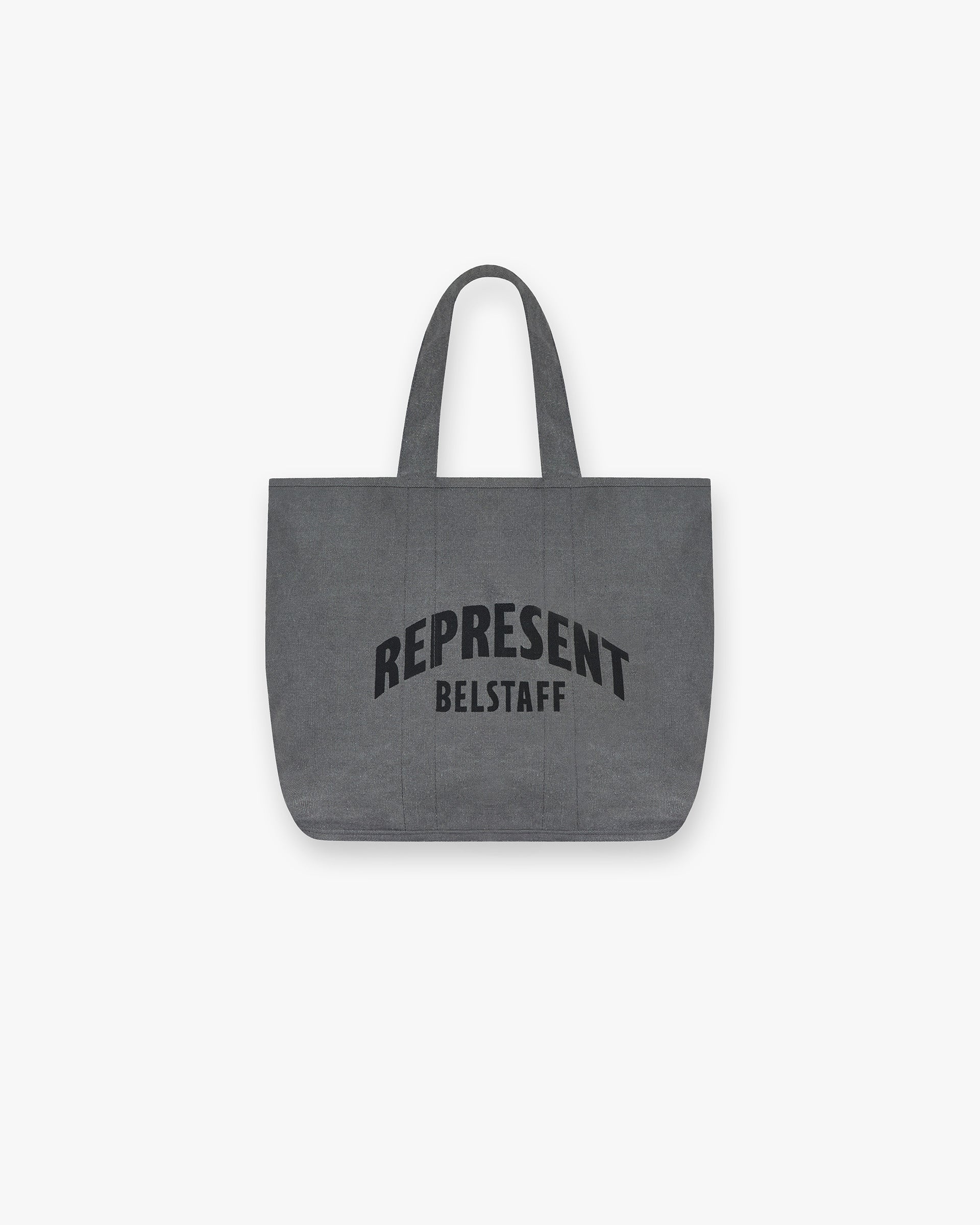 Front product image of a mens grey woven bag on a plain white background | Represent X Belstaff Woven Bag in Shadow | Woven accessory with vintage aesthetic | Exclusives Accessories | Represent Clo
