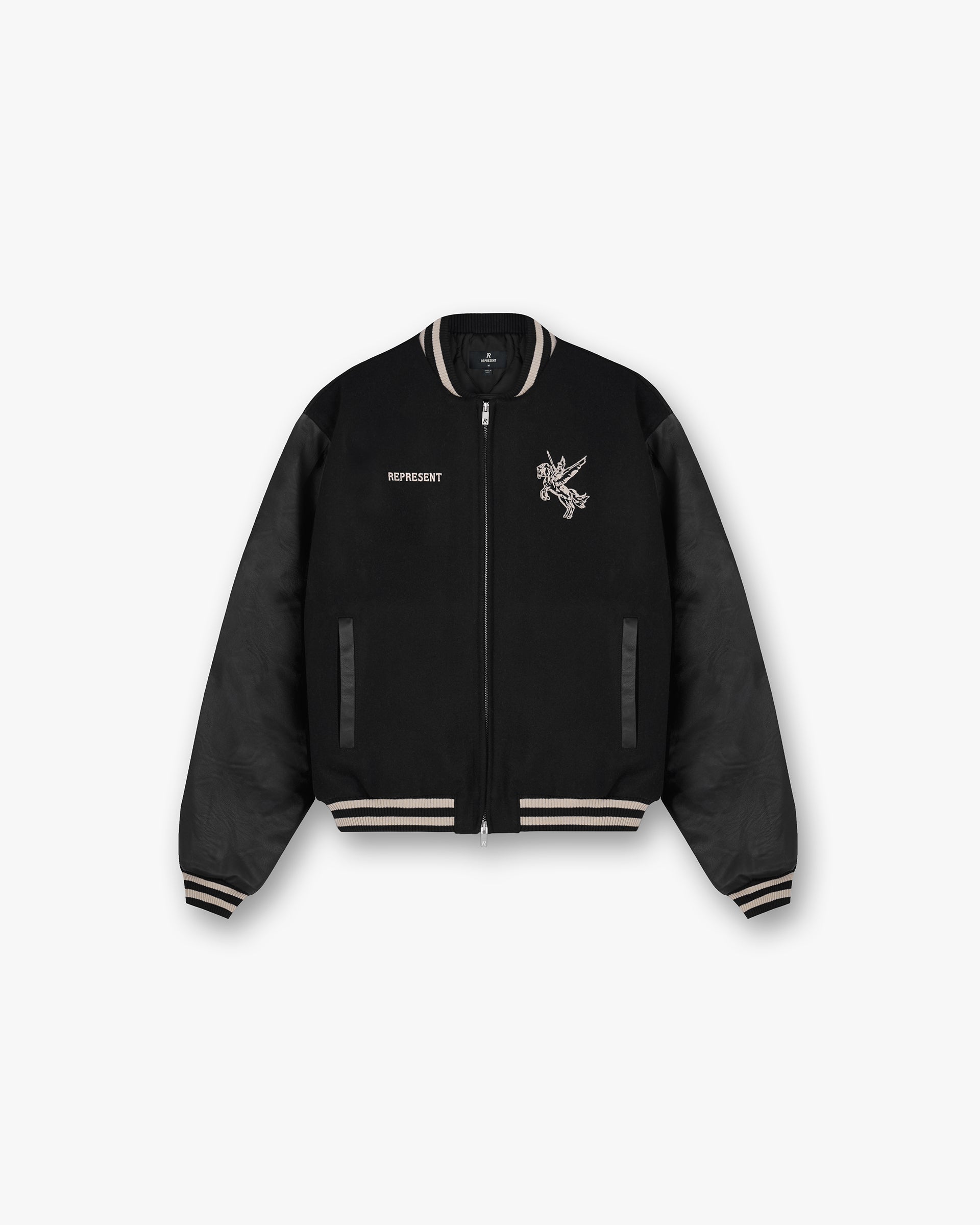 Front product image of a mens black varsity jacket on a plain white background | Mascot Wool Varsity Jacket in Jet Black | Wool varsity jacket with classic styling | FW24 Outerwear | Represent Clo