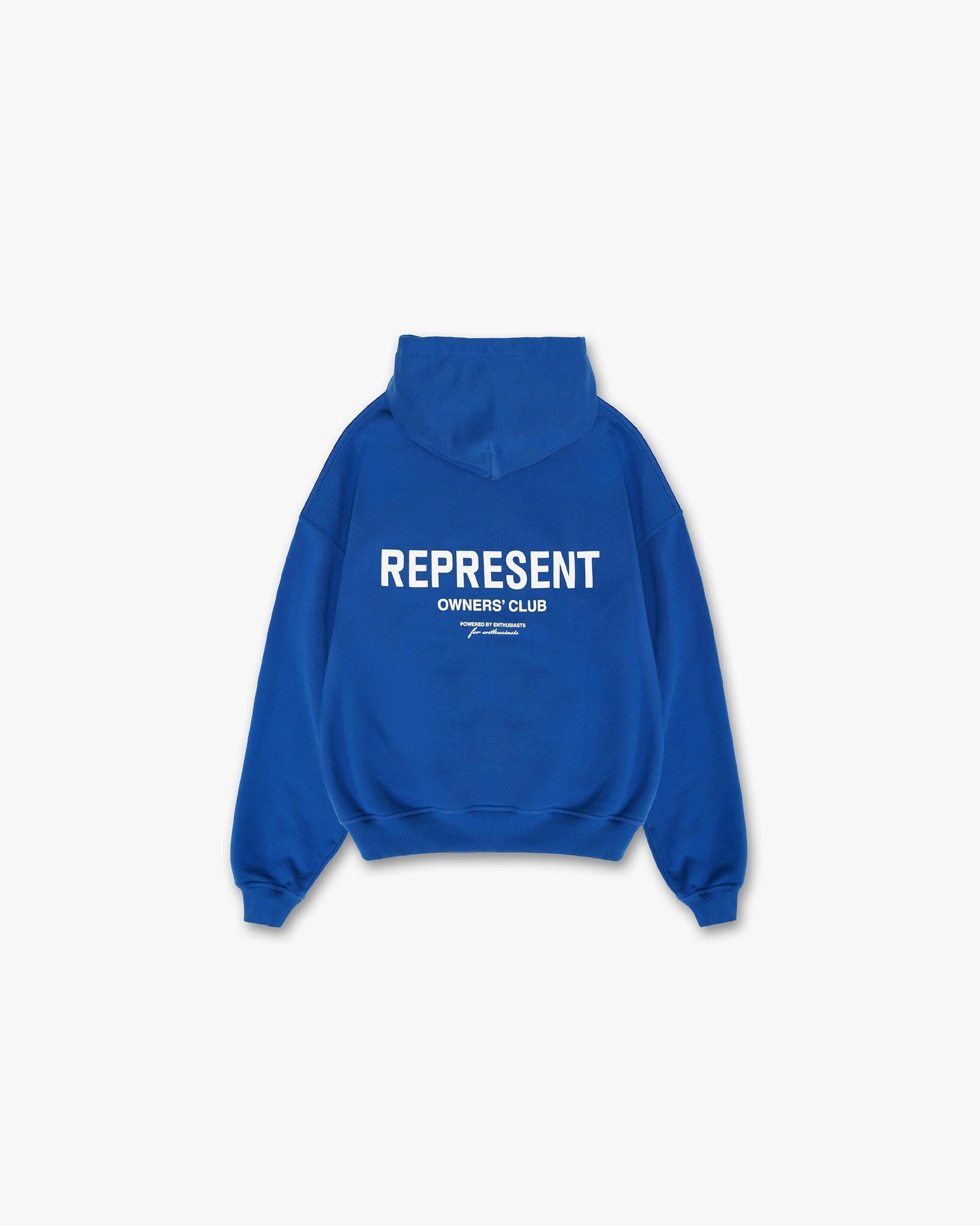 Front product image of a mens blue hoodie on a plain white background | Represent Owners Club Hoodie in Cobalt | Mid weight relaxed fit hoodies | Owners Club Hoodies | Represent Clo
