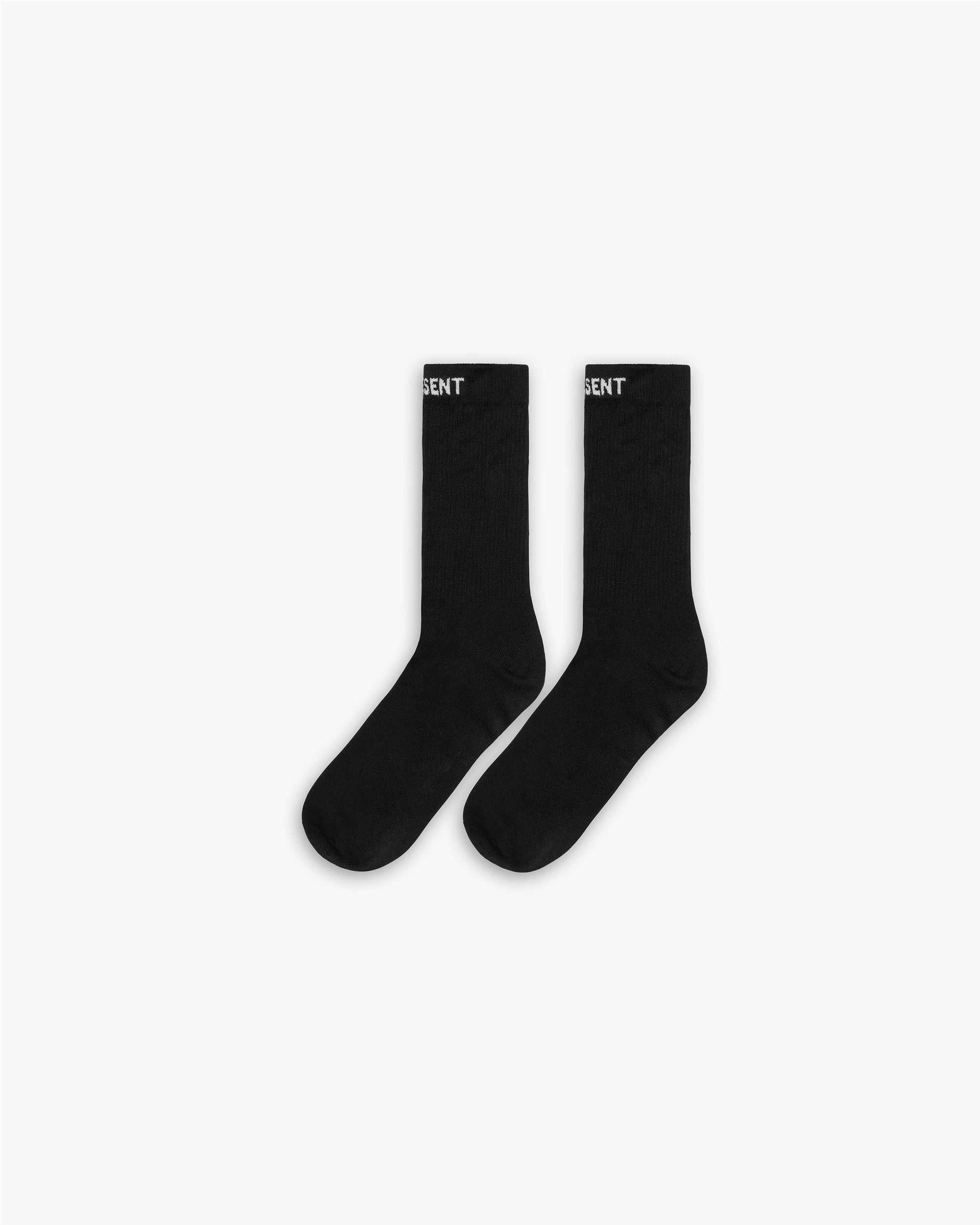 Back product image of mens black socks on a plain white background | Core Sock in Black | Socks with Represent logo detailing | FW23 Accessories | Represent Clo