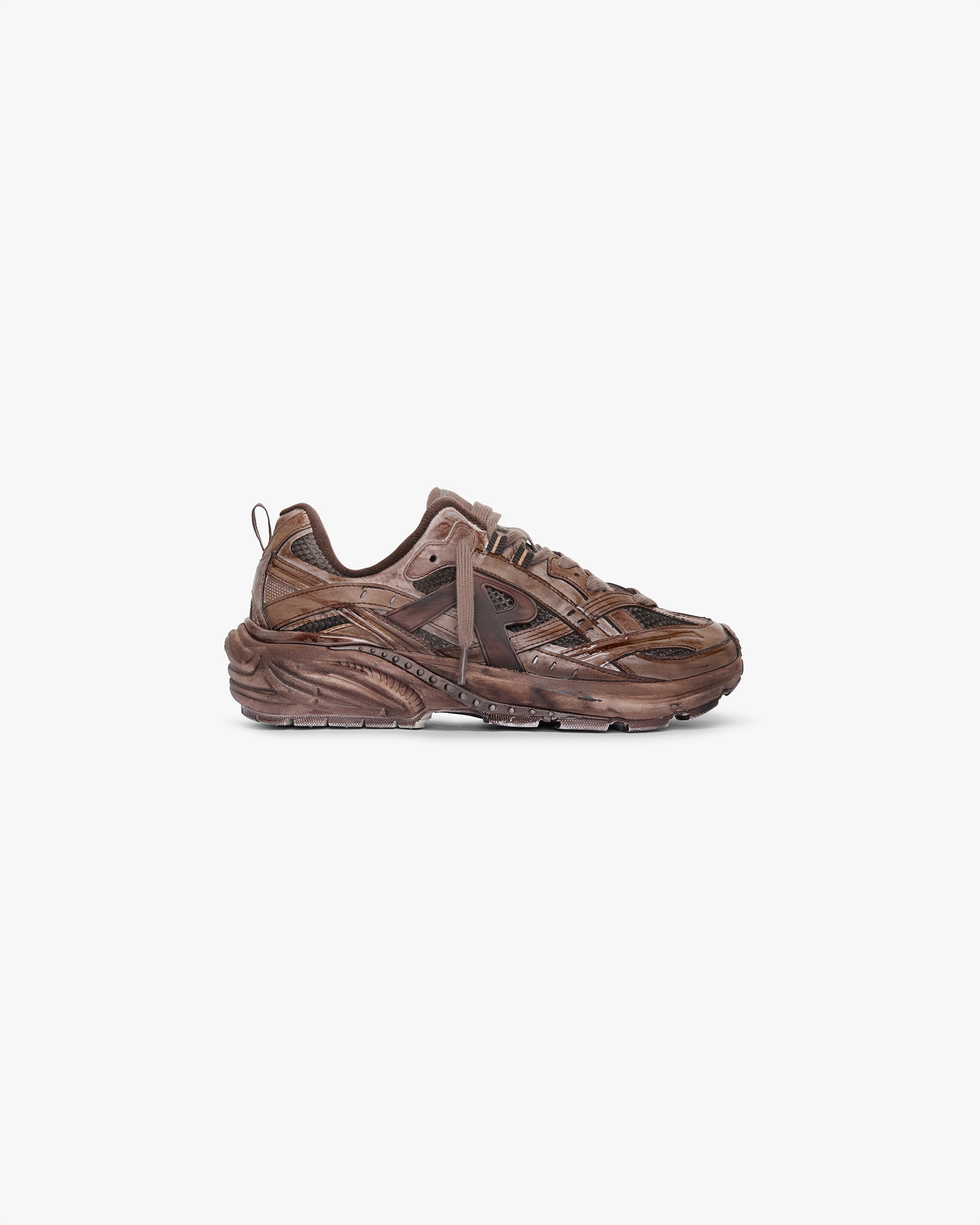 Front product image of mens chocolate dip dye footwear on a plain white background | Storm Runner in Dip Dye Chocolate | Jersey white design footwear | SS25 Footwear | Represent Clo