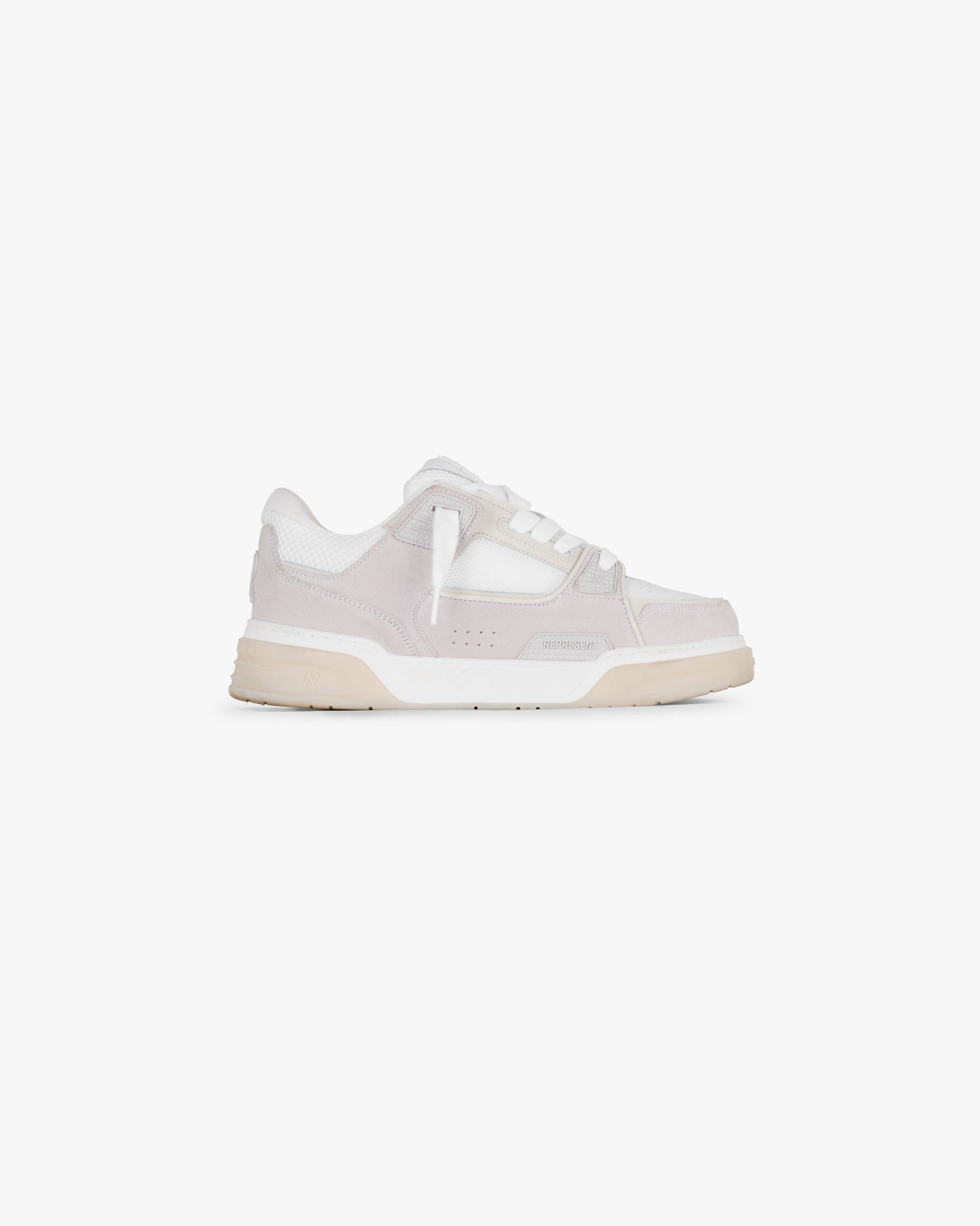 Front product image of a mens white mesh sneaker on a plain white background | Studio Sneaker Mesh in Vintage White | Mesh sneaker with cotton champagne accents | SS25 Footwear | Represent Clo