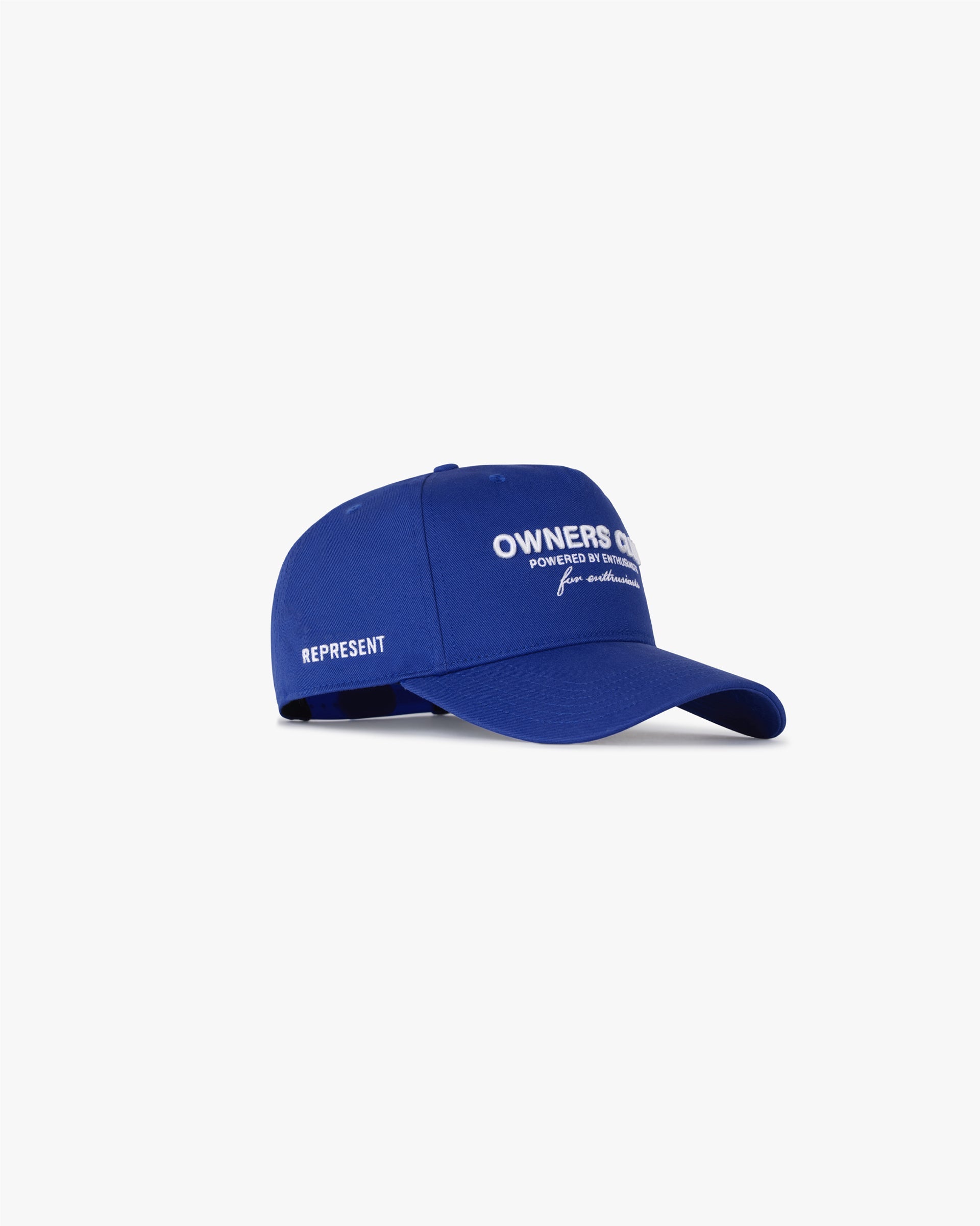 Front product image of a mens blue cap on a plain white background | Represent Owners Club Cap in Cobalt | Cap with logo embroidery | Owners Club Accessories | Represent Clo
