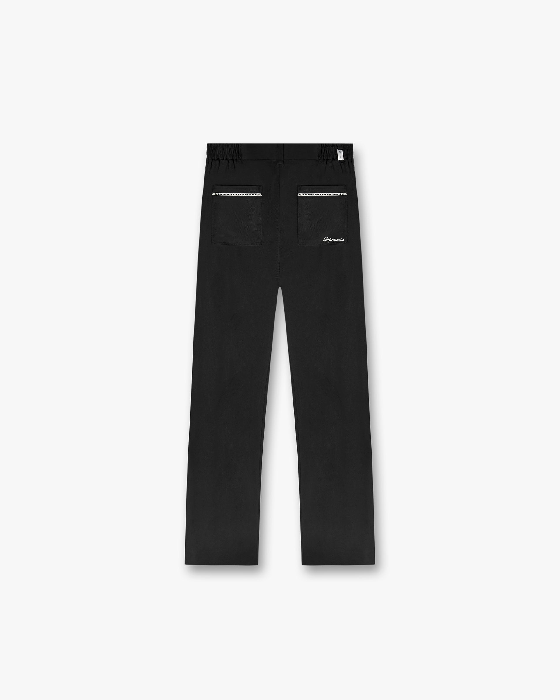 Back product image of mens black pants on a plain white background | Resort Pant in Jet Black | Straight leg pants with hybrid elasticated and fixed waistband | SC24 Pants | Represent Clo