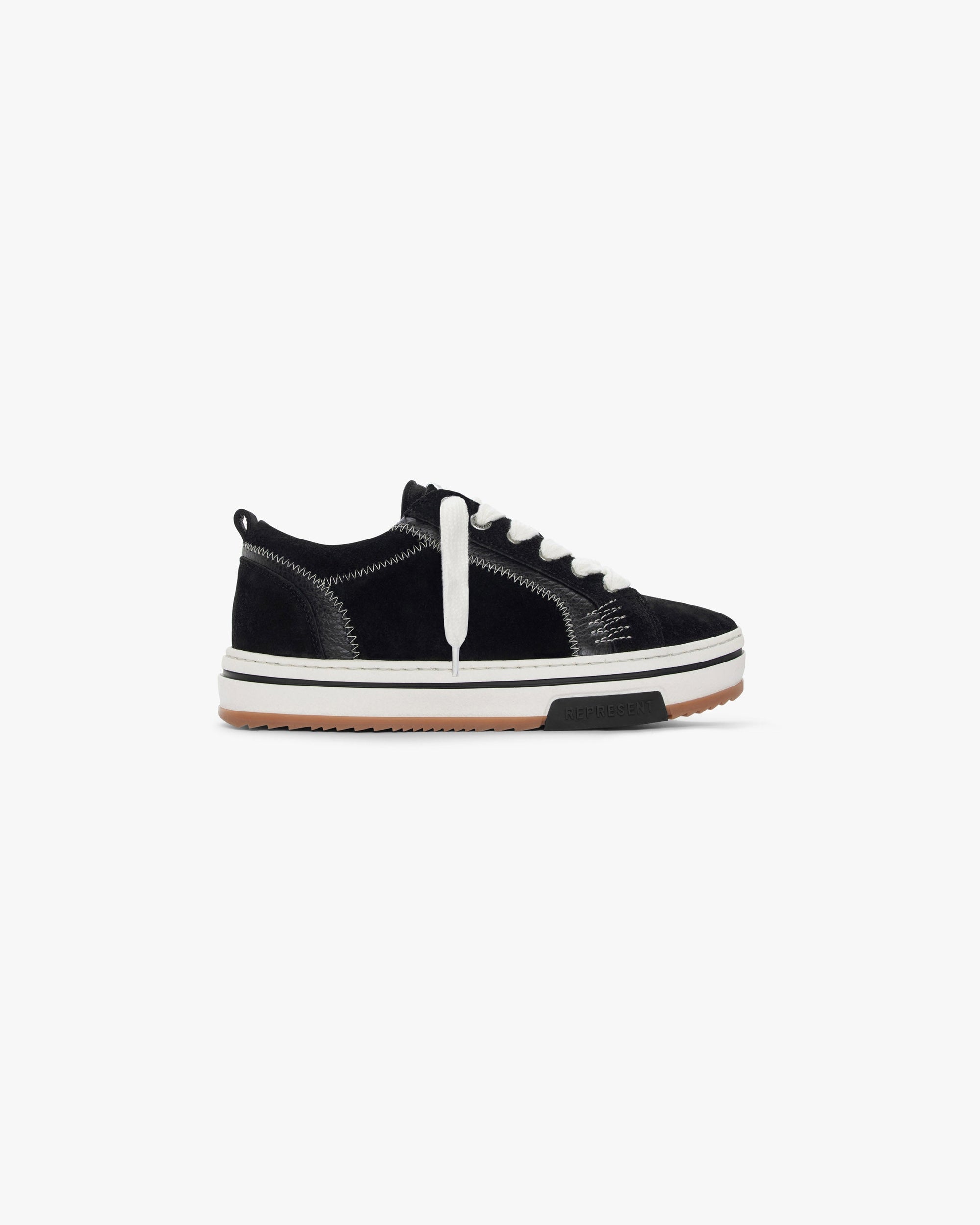 Front product image of a mens black low-top shoe on a plain white background | HTN Low in Black | Black luxury footwear with modern design | FW23 Footwear | Represent Clo