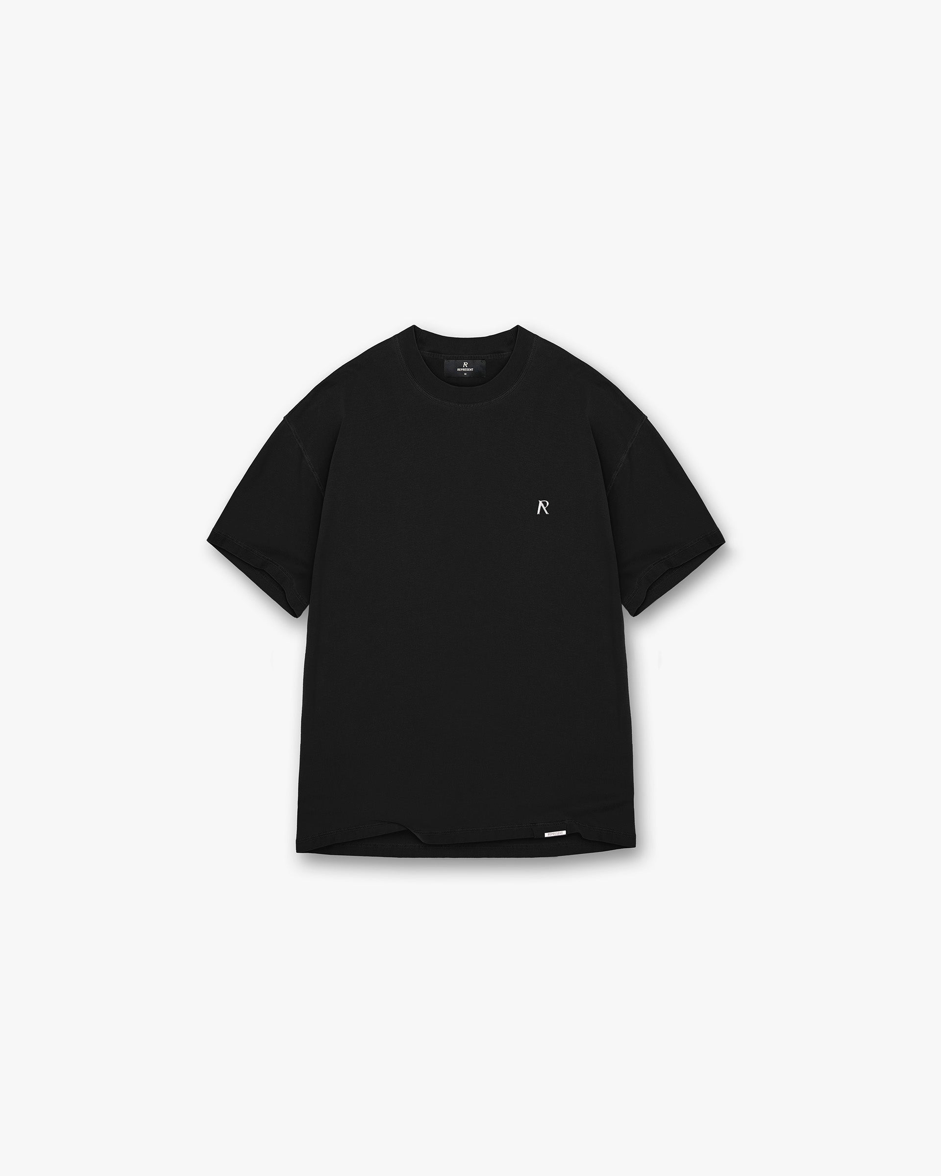 Front product image of a mens black t-shirt on a plain white background | Metal Initial R T-Shirt in Jet Black | Oversized fit t-shirt with Oasis artwork | PRE SS25 T-Shirts | Represent Clo