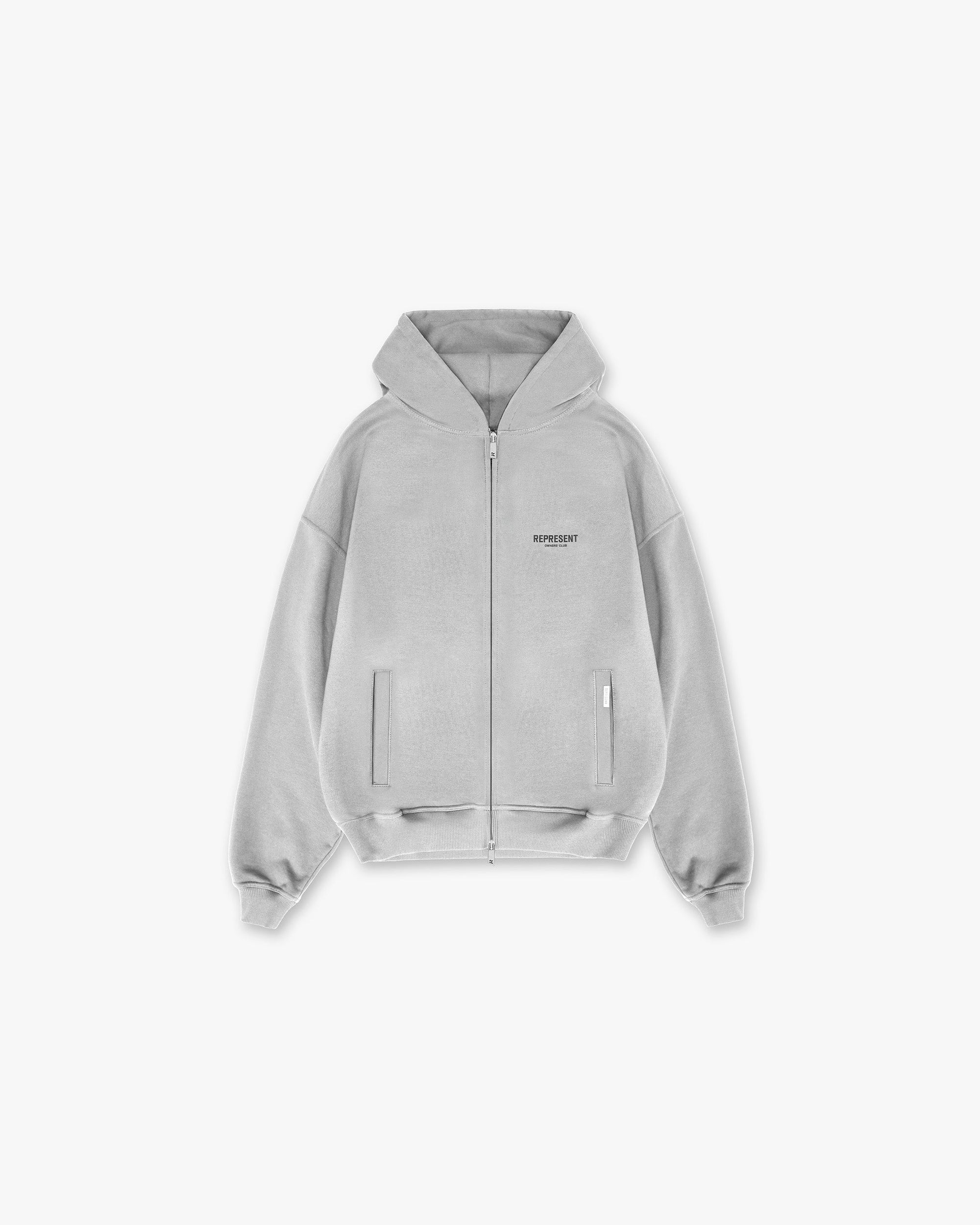 Product image of a mens grey zip hoodie on a plain white background | Represent Owners Club Zip Hoodie in Ash Grey | Zip hoodie with front pockets | Owners Club Hoodies | Represent Clo