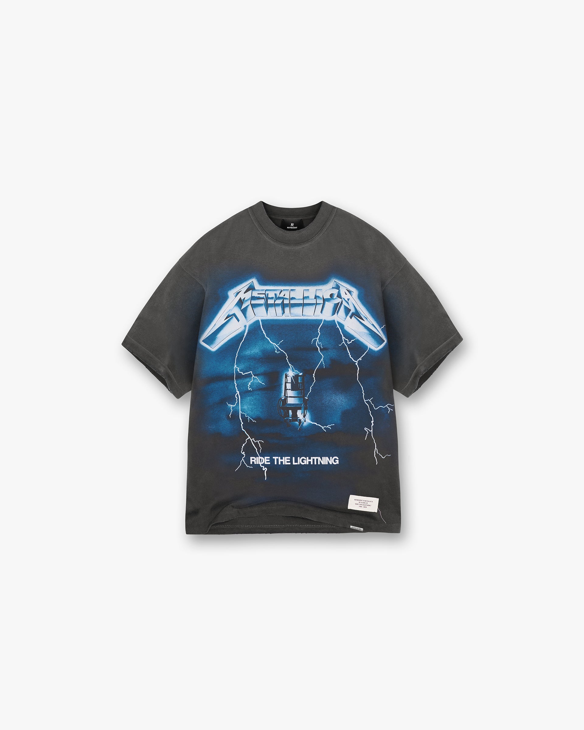 Front product image of a mens grey t-shirt on a plain white background | Represent X Metallica Ride The Lightning T-Shirt in Vintage Grey | Graphic t-shirt with iconic Metallica print | SS24 T-Shirts | Represent Clo