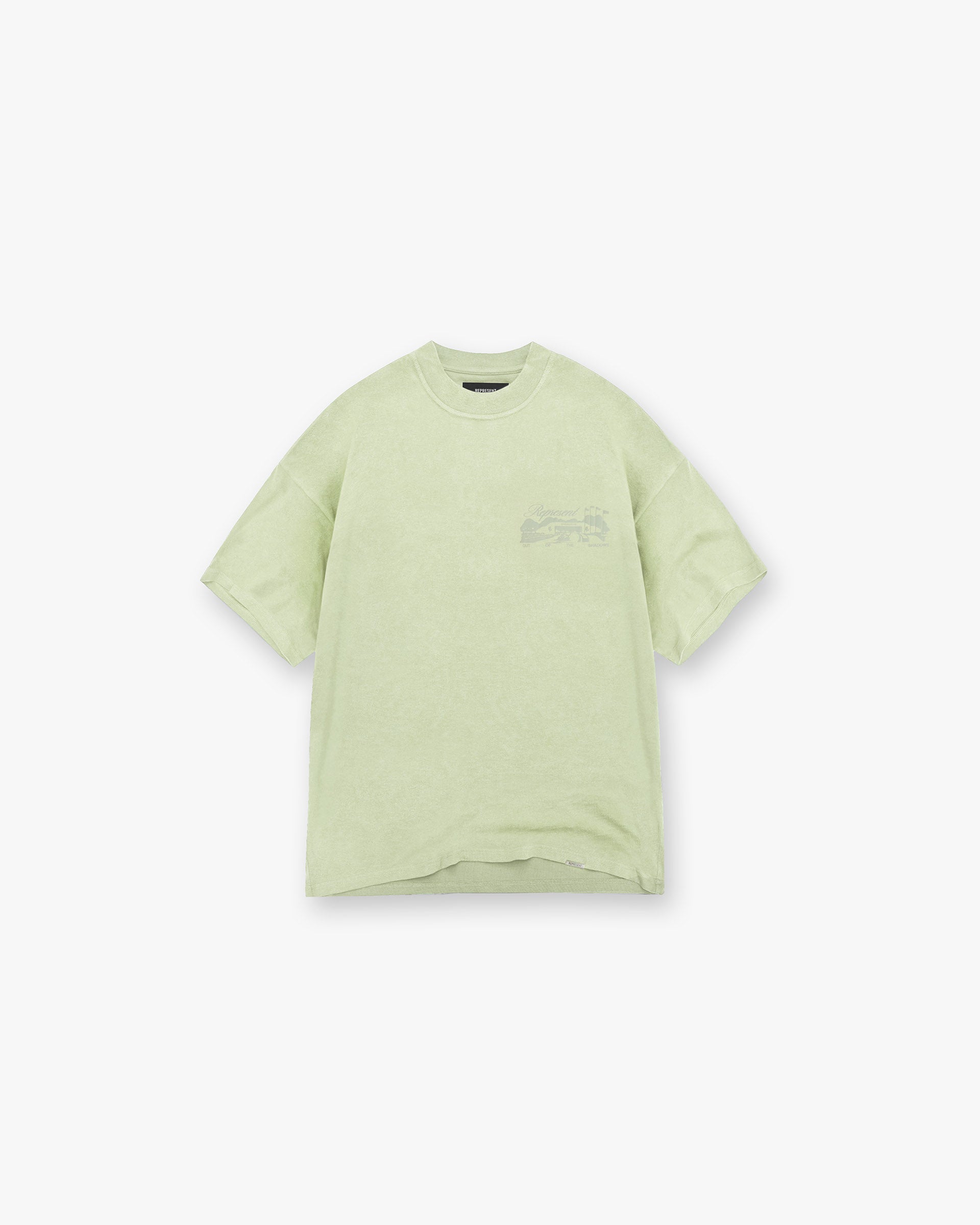 Front product image of a mens green t-shirt on a plain white background | Raceway T-Shirt in Matcha | Jersey t-shirt | SS25 T-Shirts | Represent Clo