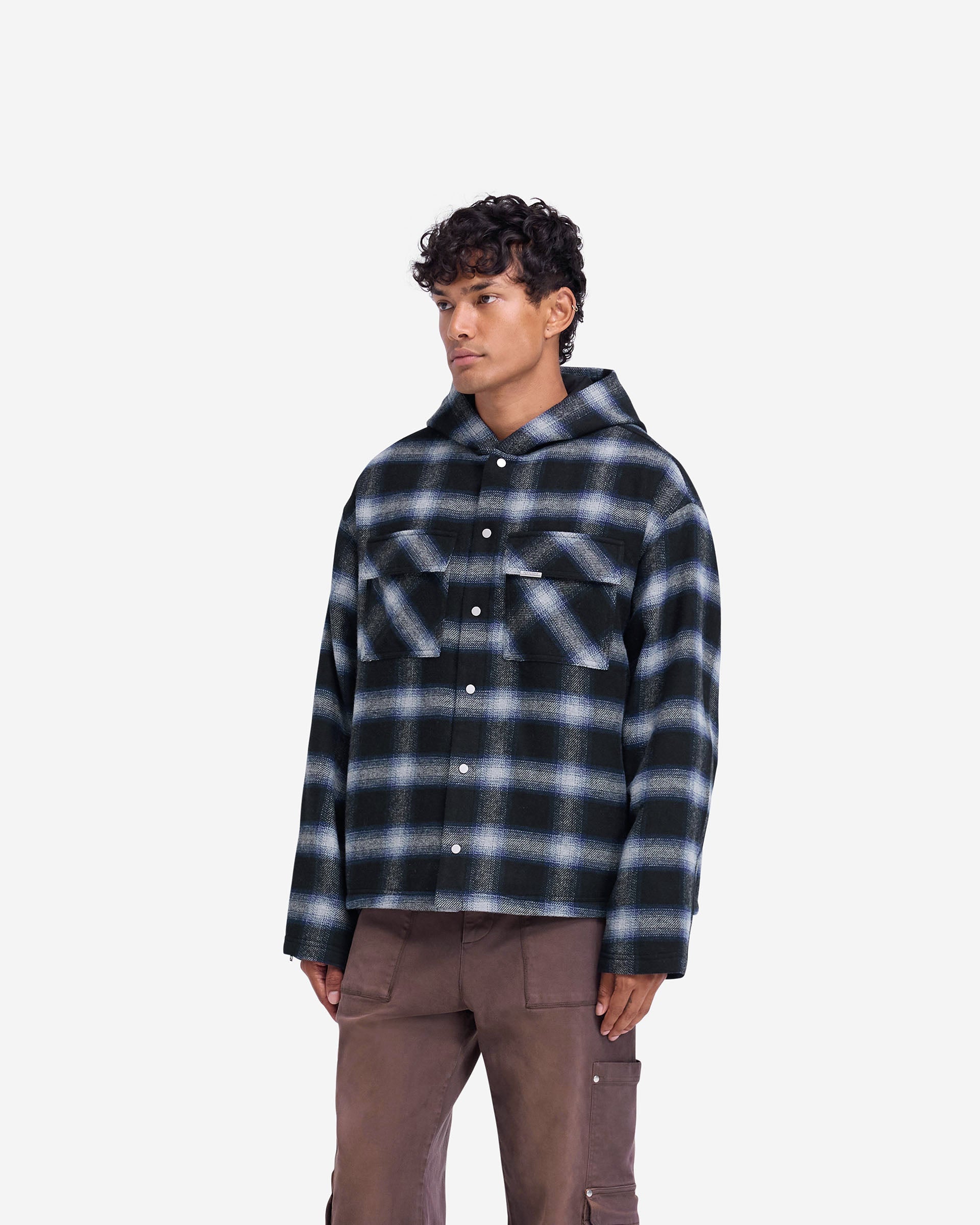 Back product image of a mens navy overshirt on a plain white background | Hooded Overshirt in Midnight Navy | Oversized shirt with flap pockets and popper closures | FW24 Shirts | Represent Clo