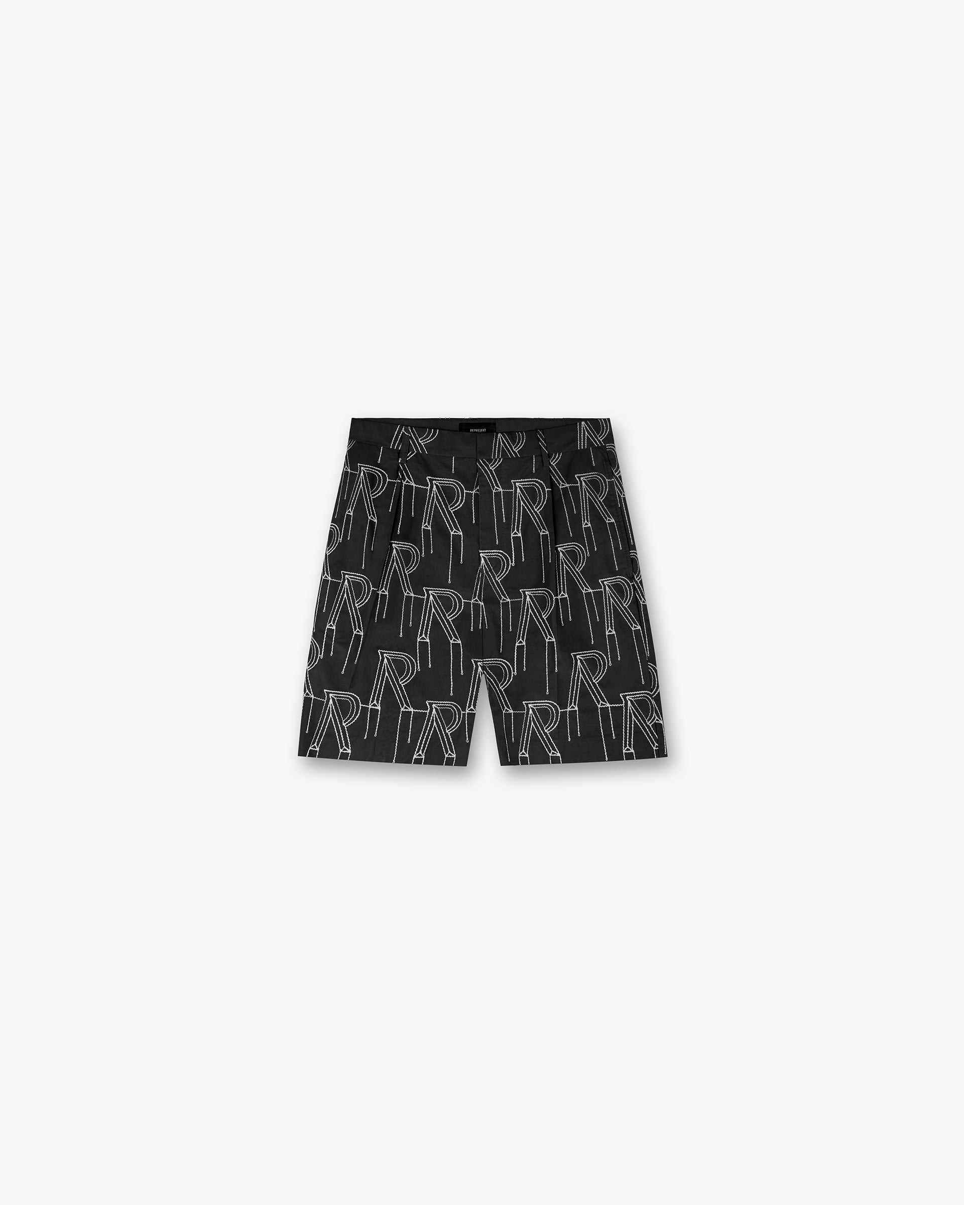 Front product image of mens black shorts on a plain white background | Embroidered Initial Tailored Short in Black | Tailored shorts with embroidered initials | SS24 Shorts | Represent Clo