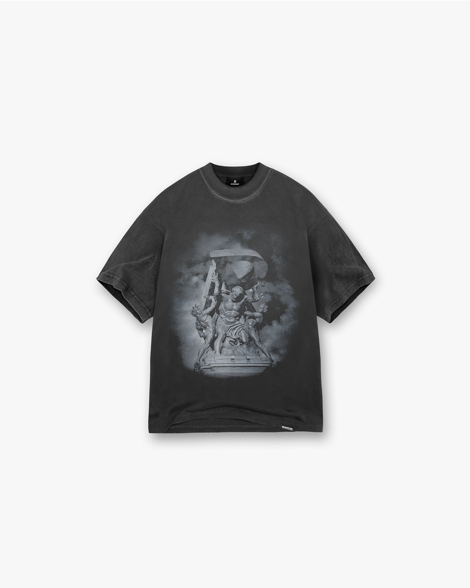 Front product image of a mens black t-shirt on a plain white background | Atlas T-Shirt in Stained Black | Classic fit t-shirt with premium fabric | FW24 T-Shirts | Represent Clo