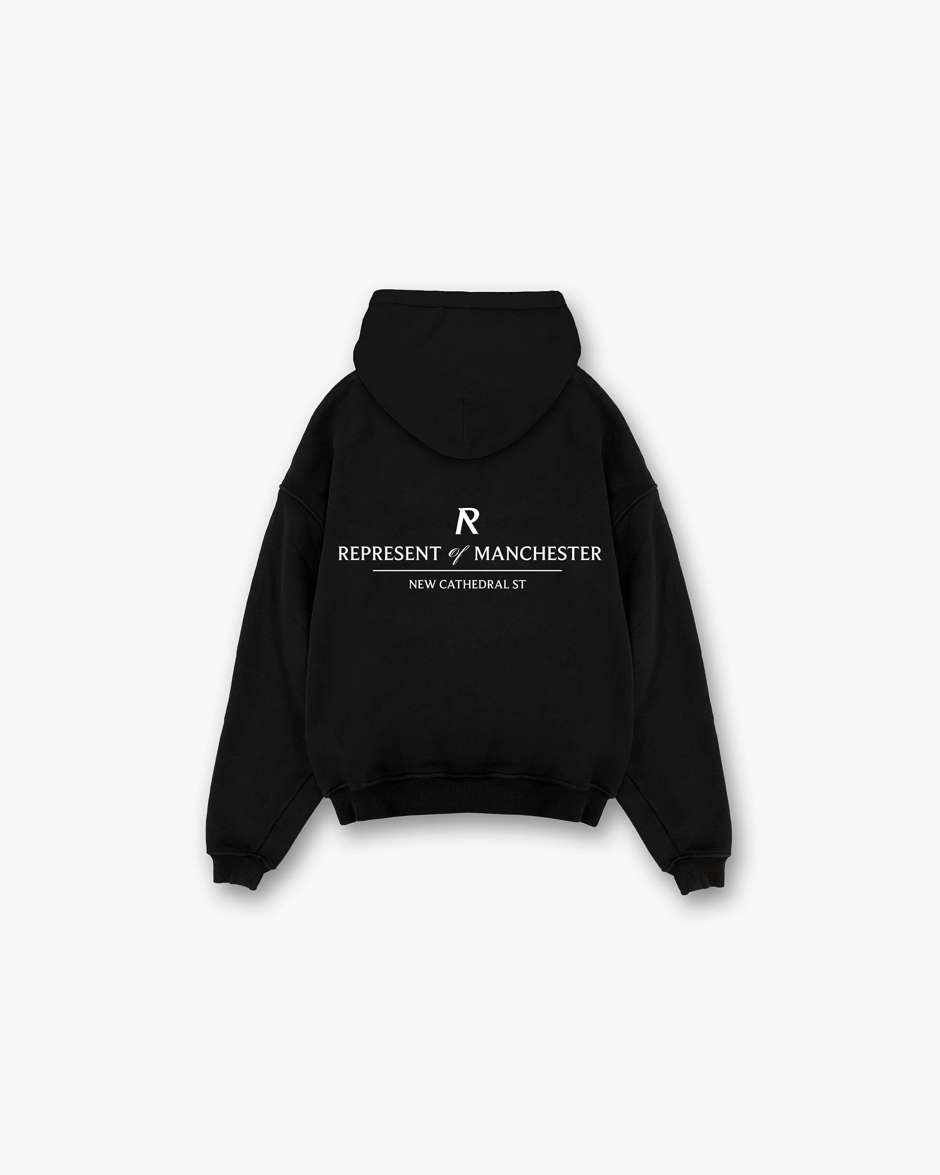 Back product image of a mens black hoodie on a plain white background | Manchester Store Hoodie in Black | Oversized luxury hoodie with screen print details | Exclusives Hoodies | Represent Clo