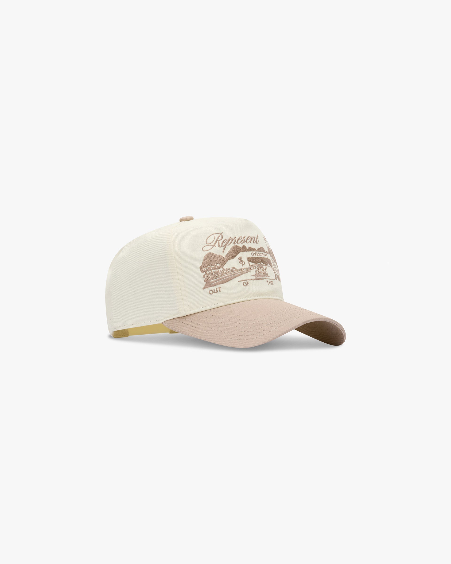 Front product image of a mens white cap on a plain white background | Raceway Cap in Antique White Barley | Compression meets performance cap | SS25 Accessories | Represent Clo