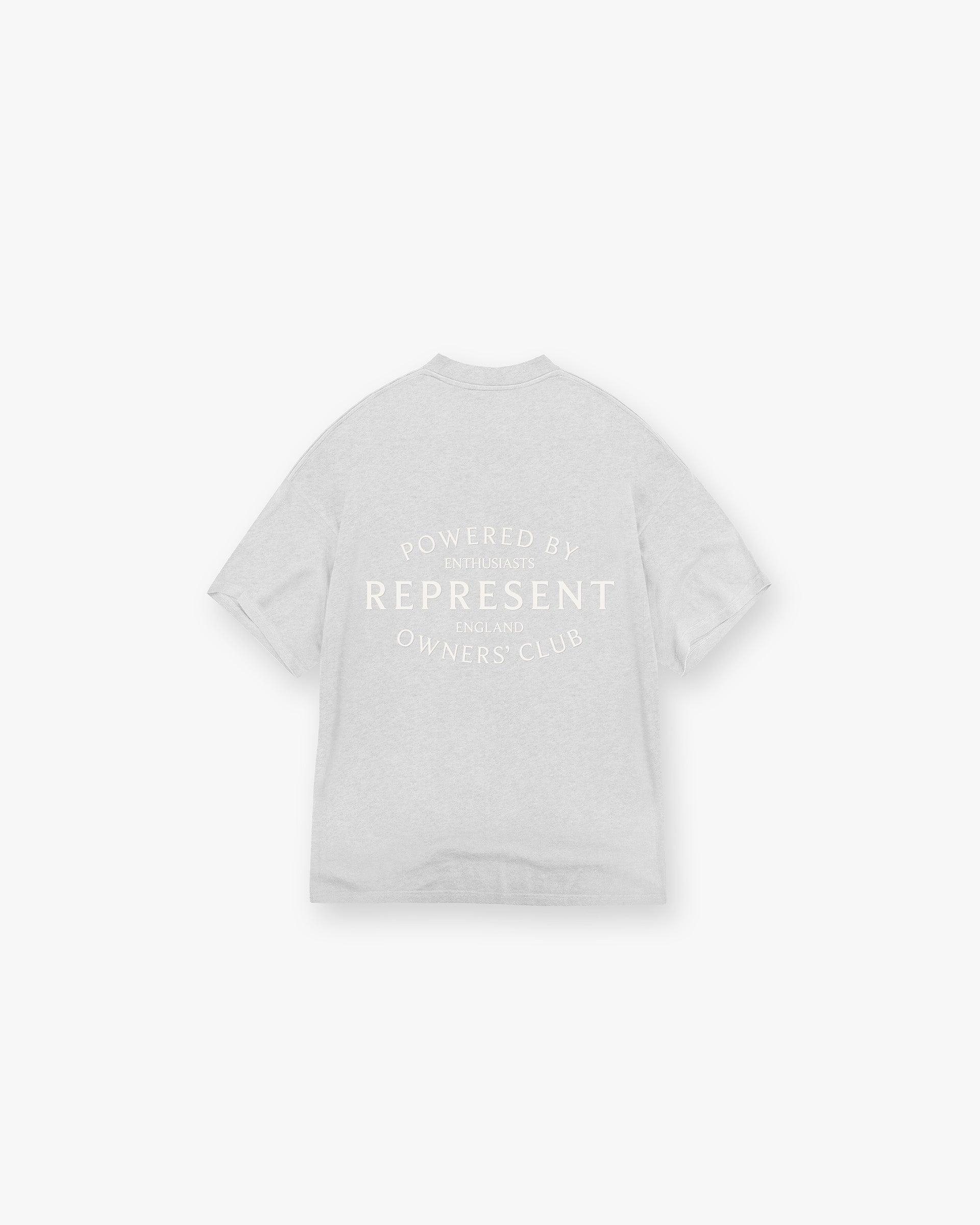 Front product image of a mens grey t-shirt on a plain white background | Represent Owners Club Stamp T-Shirt in Ash Grey | Oversized long sleeve t-shirt with screen printed branding | Owners Club T-Shirts | Represent Clo