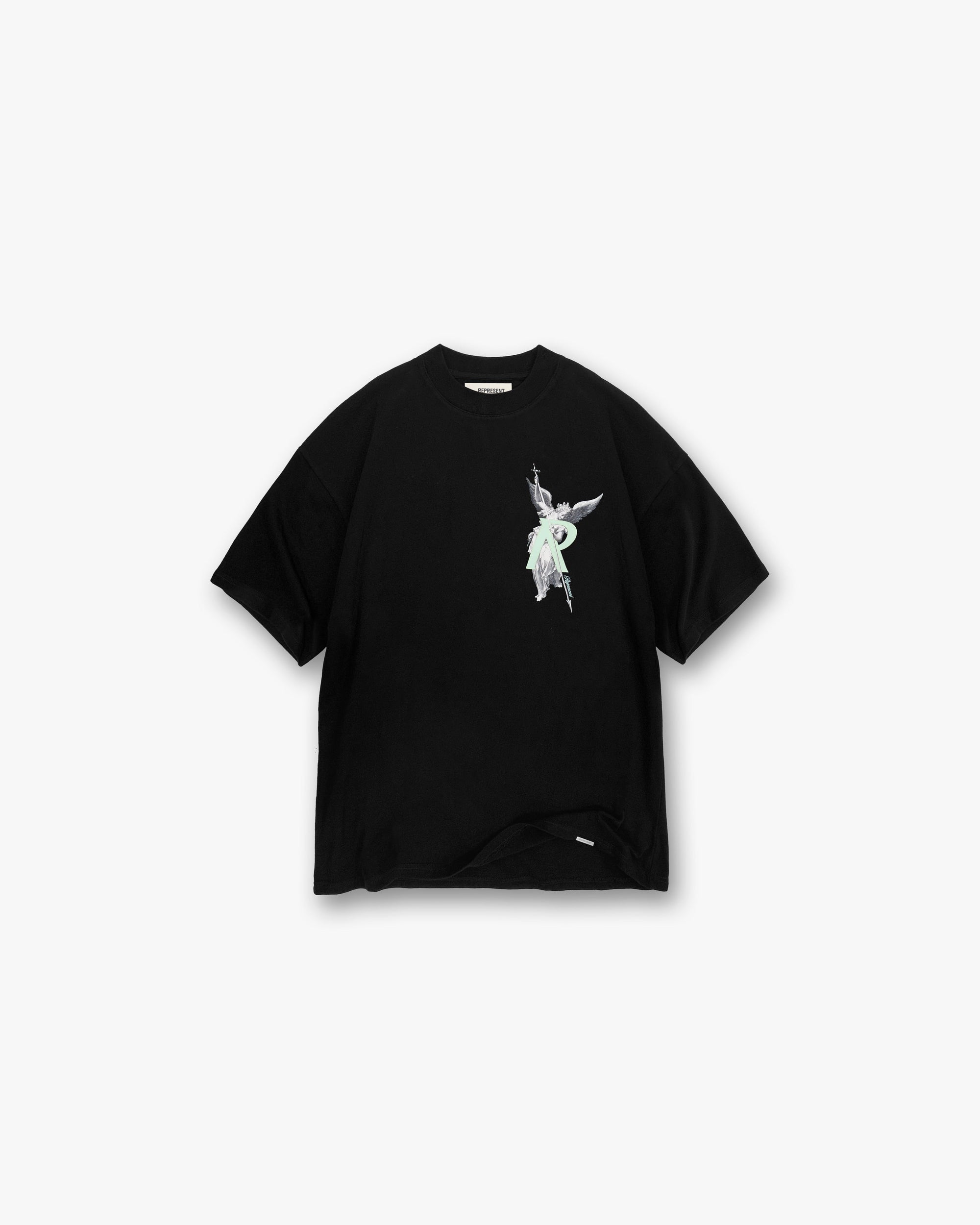 Front product image of a mens black t-shirt on a plain white background | Archangel Initial T-Shirt in Jet Black | Polyamide and polyester t-shirt | Exclusives T-Shirts | Represent Clo