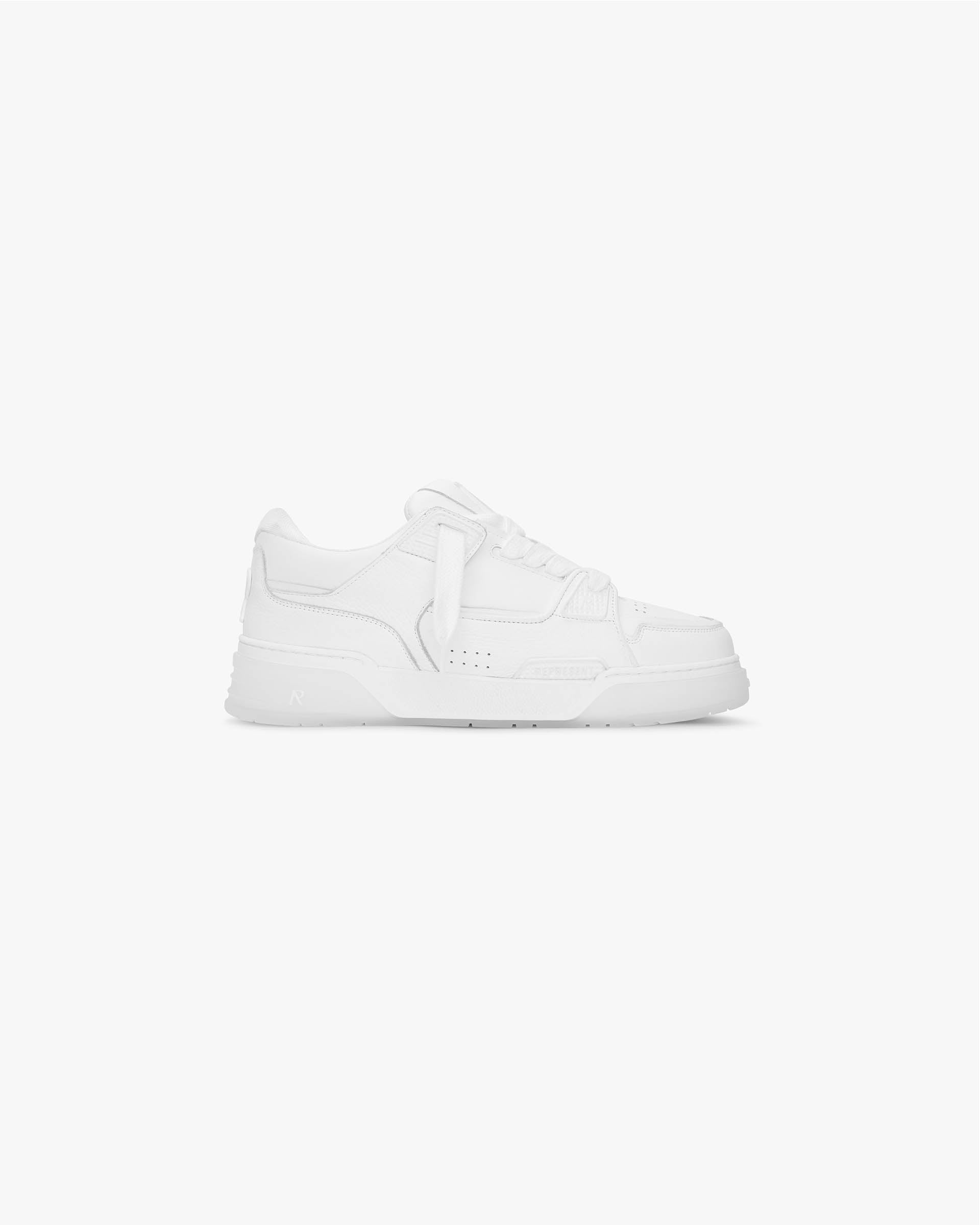 Front product image of mens white sneaker on a plain white background | Studio Sneaker in Flat White | Retro skate-inspired footwear with nubuck and mesh | SS24 Footwear | Represent Clo