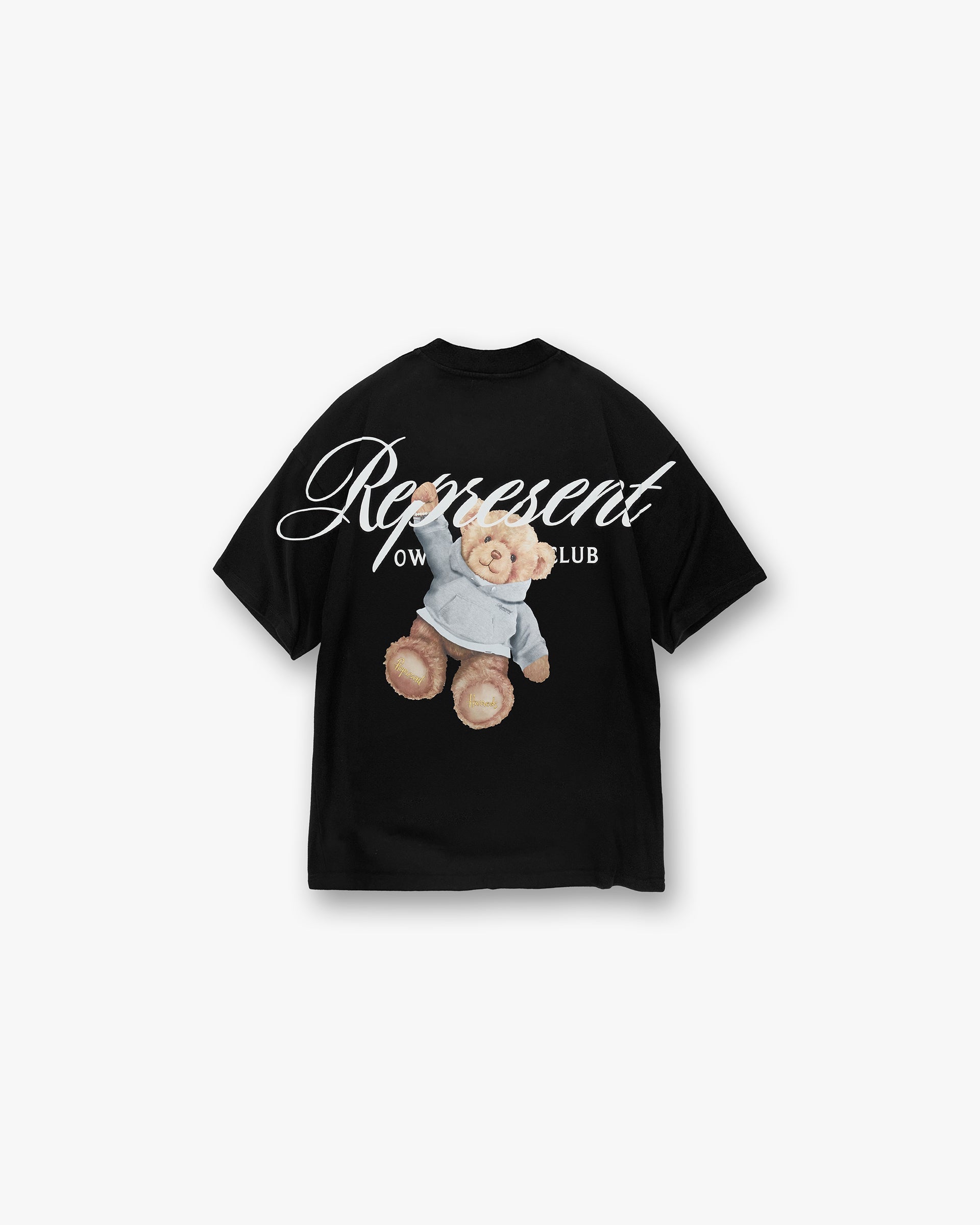 Back product image of a mens black t-shirt on a plain white background | Represent X Harrods Bear Owners Club T-Shirt in Jet Black | Oversized fit t-shirt with Harrods bear graphic and gold detailing | Exclusives T-Shirts | Represent Clo