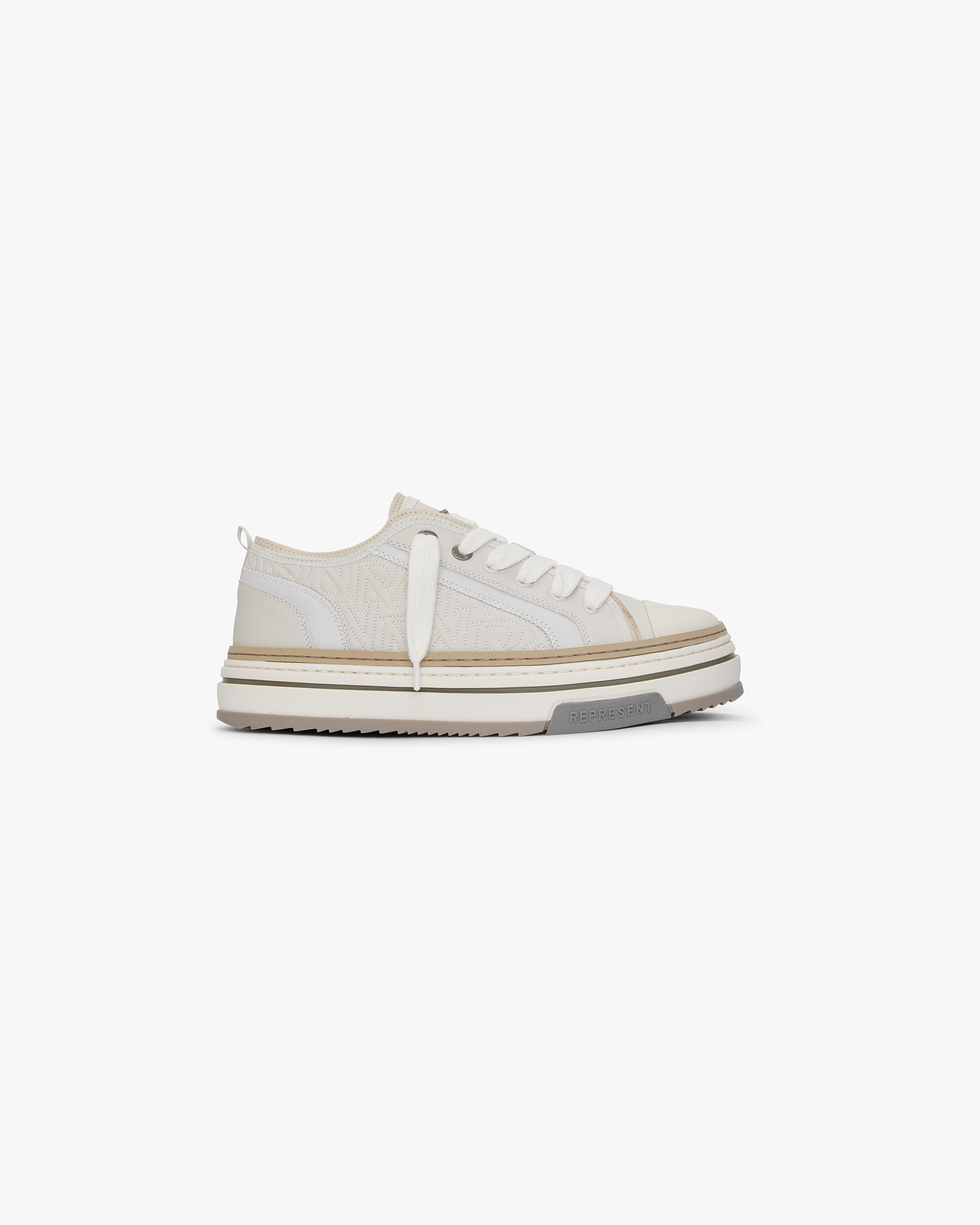 Front product image of a mens white sneaker on a plain white background | HTN X Low in Vintage White | Premium low-top sneakers | SS24 Footwear | Represent Clo