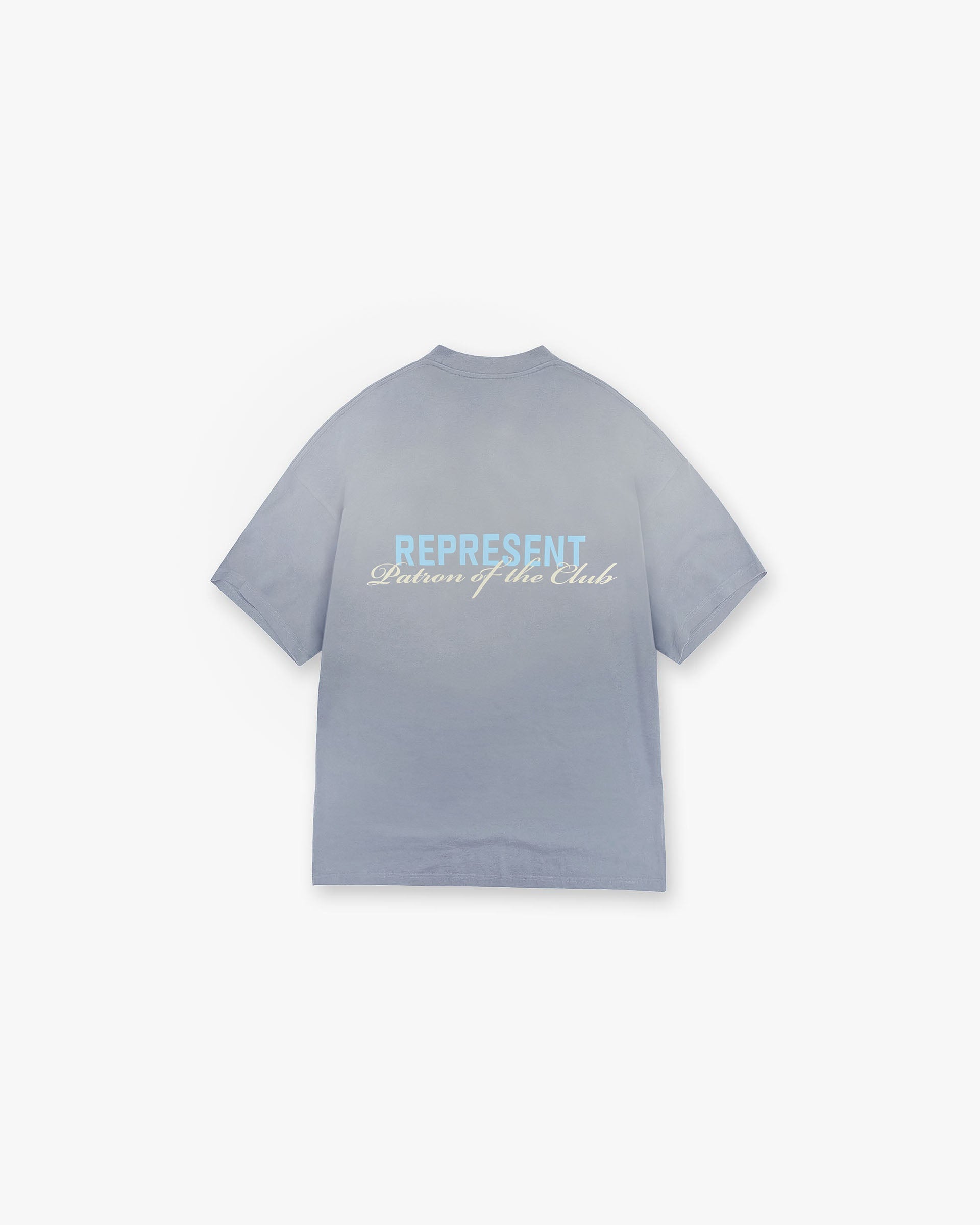 Back product image of a mens grey t-shirt on a plain white background | Patron Of The Club T-Shirt in Washed Grey | T-shirt with slightly oversized fit and Patron of the Club branding | Patrons T-Shirts | Represent Clo