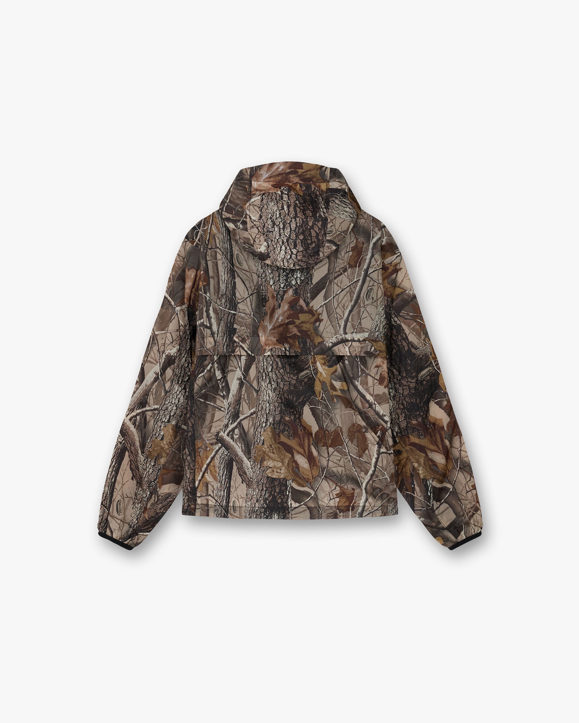 Back product image of a mens jacket with Realtree pattern on a plain white background | 247 Hooded Training Jacket in Realtree | Water-resistant polyester jacket with zip pockets | 247 Outerwear | Represent Clo