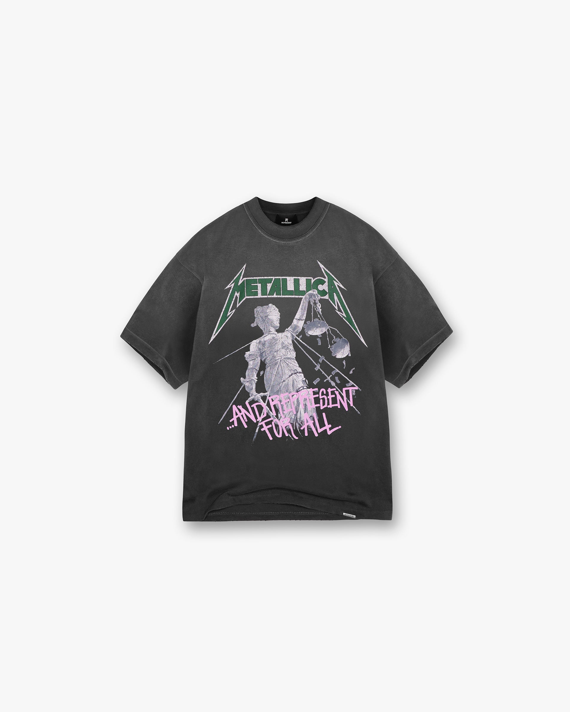 Front product image of a mens black t-shirt on a plain white background | Represent X Metallica Justice T-Shirt in Stained Black | Graphic t-shirt | SS24 T-Shirts | Represent Clo