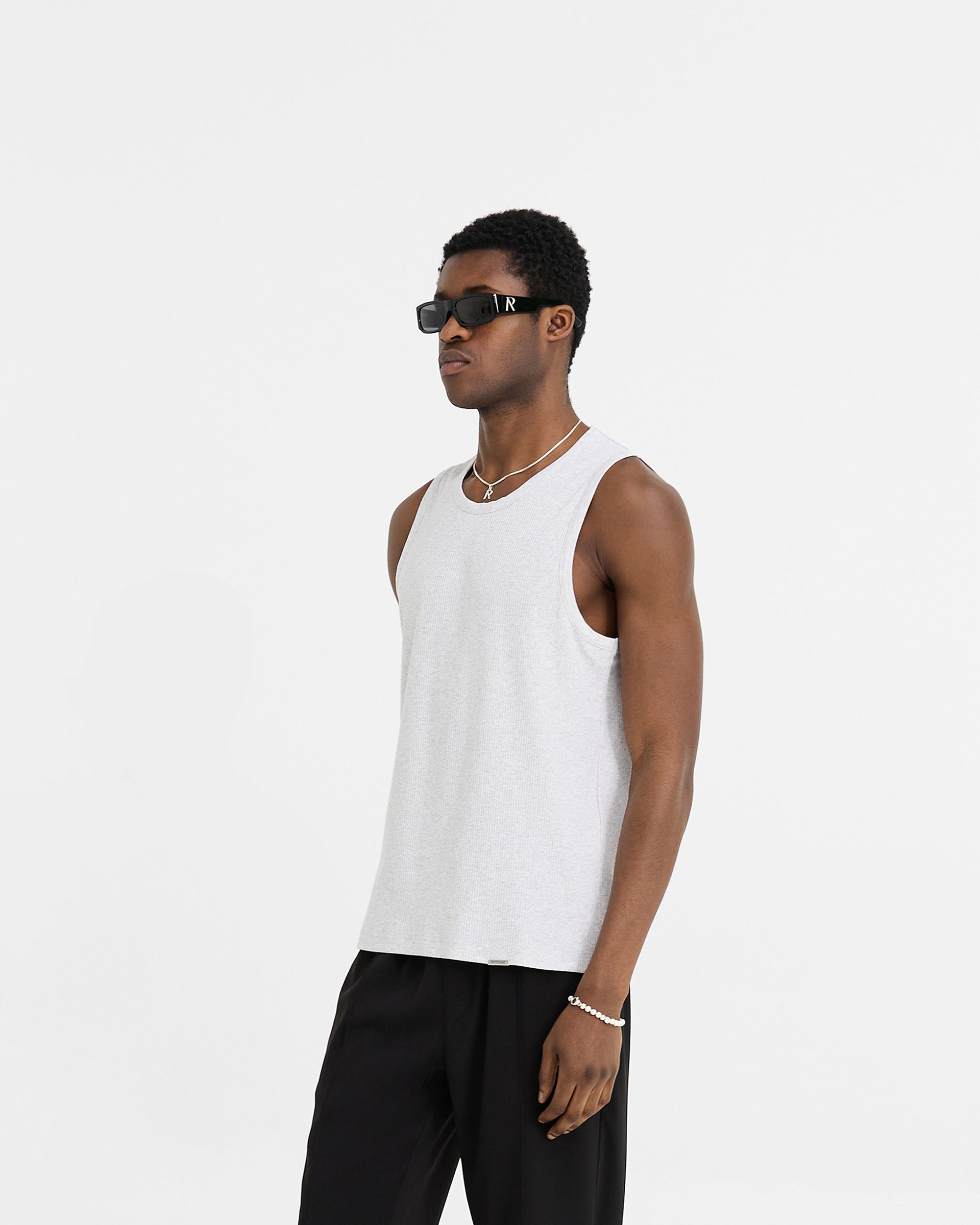 Back product image of a mens grey vest on a plain white background | Initial Rib Vest in Ice Grey Marl | Soft rib vest with neck and armhole binding | Initial T-Shirts | Represent Clo