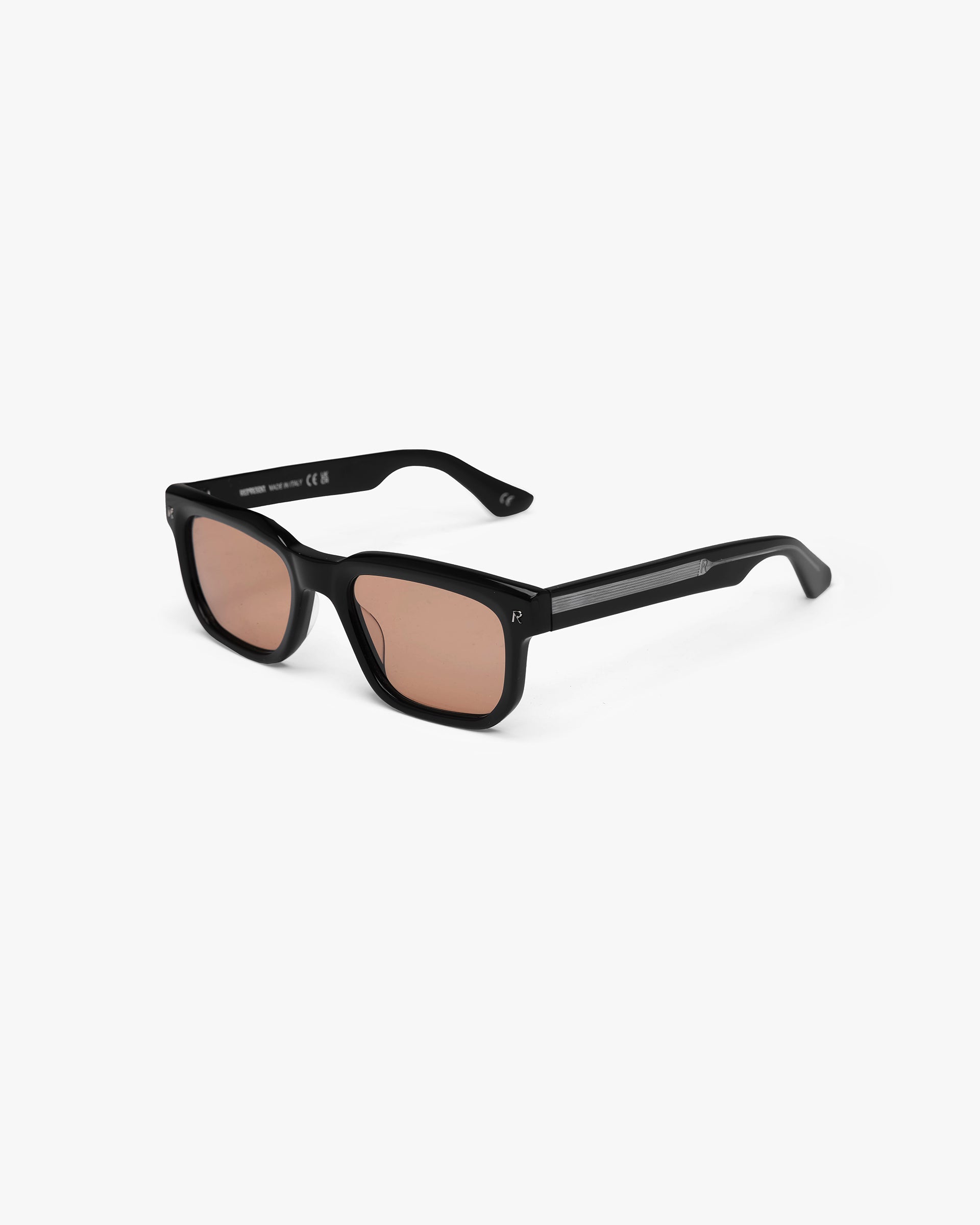 Back product image of mens black sunglasses on a plain white background | Represent Hamptons Sunglasses in Jet Black | Acetate frames with brushed silver hinges and orange tinted lenses | SS24 Accessories | Represent Clo