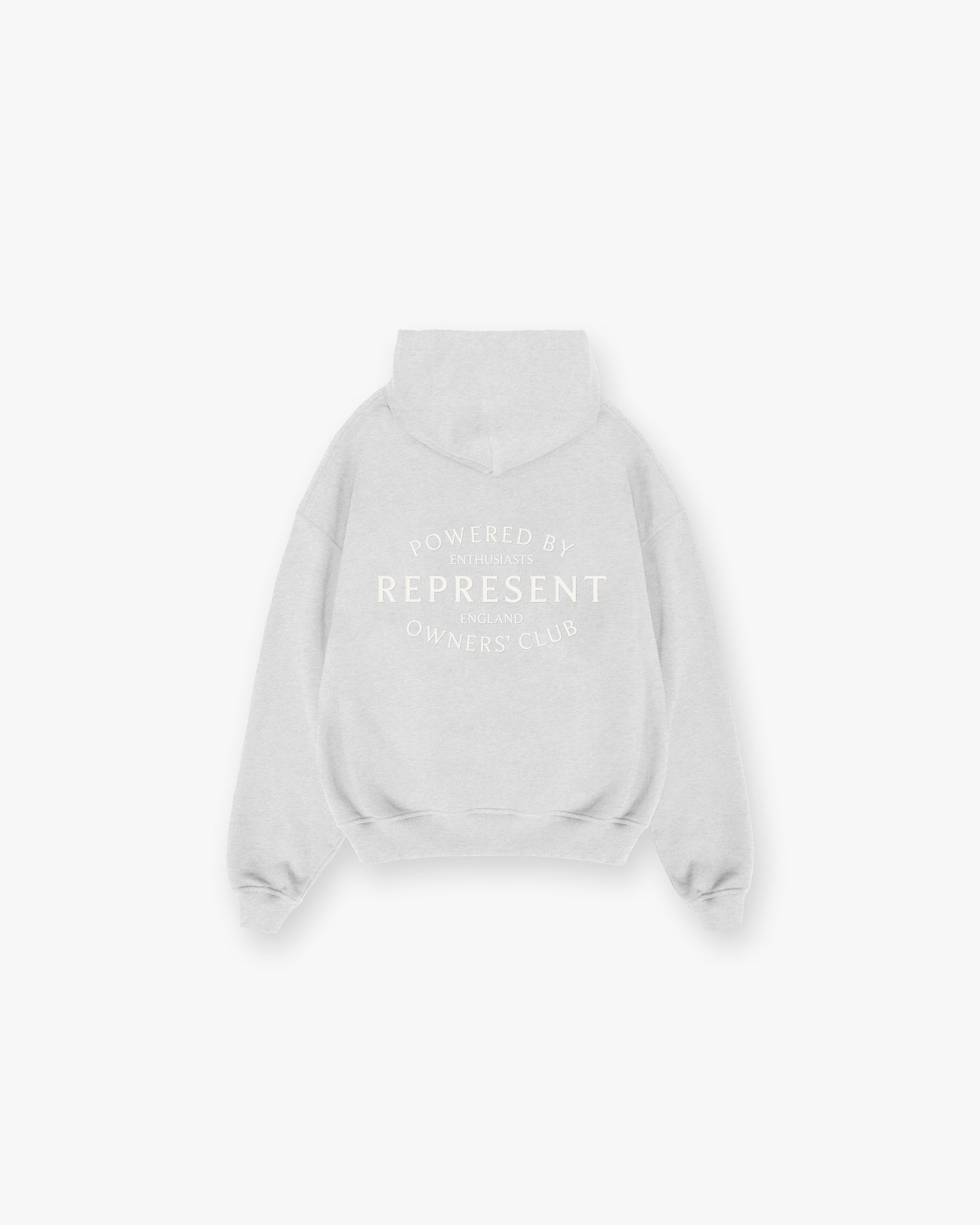 Back product image of a mens grey zip up hoodie on a plain white background | Represent Owners Club Stamp Zip Up Hoodie in Ash Grey | Heavy weight jersey cotton with ribbed hem and cuffs | Owners Club Hoodies | Represent Clo